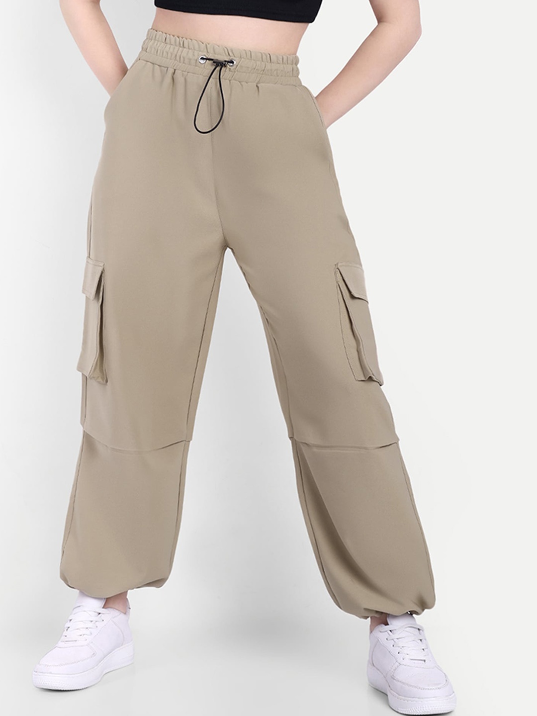 

BROADSTAR Smart Regular Fit High-Rise Cargos Trousers, Beige
