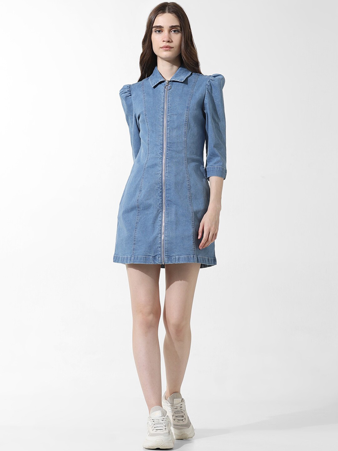 

ONLY Shirt Collar Cotton Denim Shirt Dress, Blue