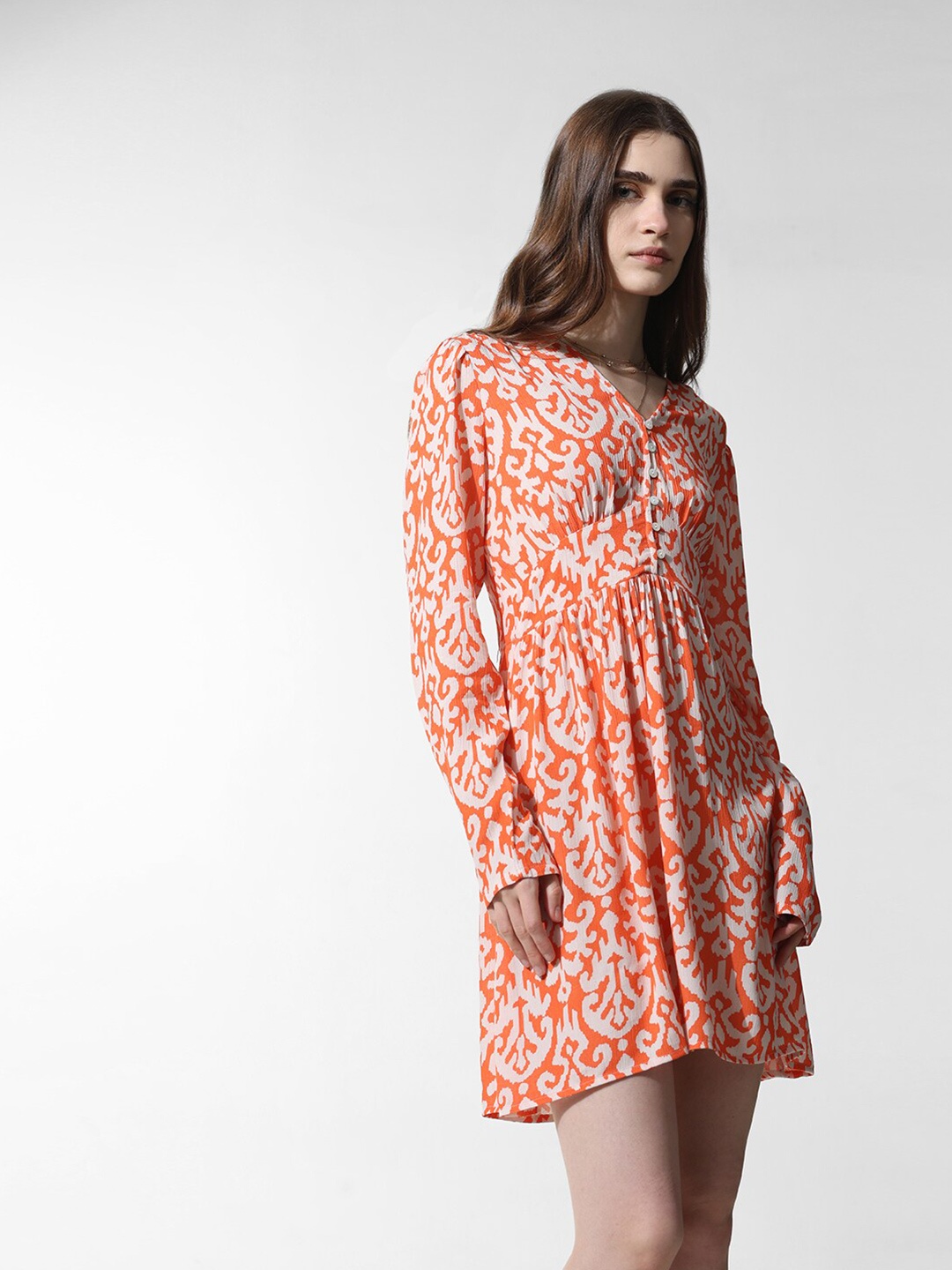 

ONLY Floral Print Fit & Flare Mini Dress, Orange