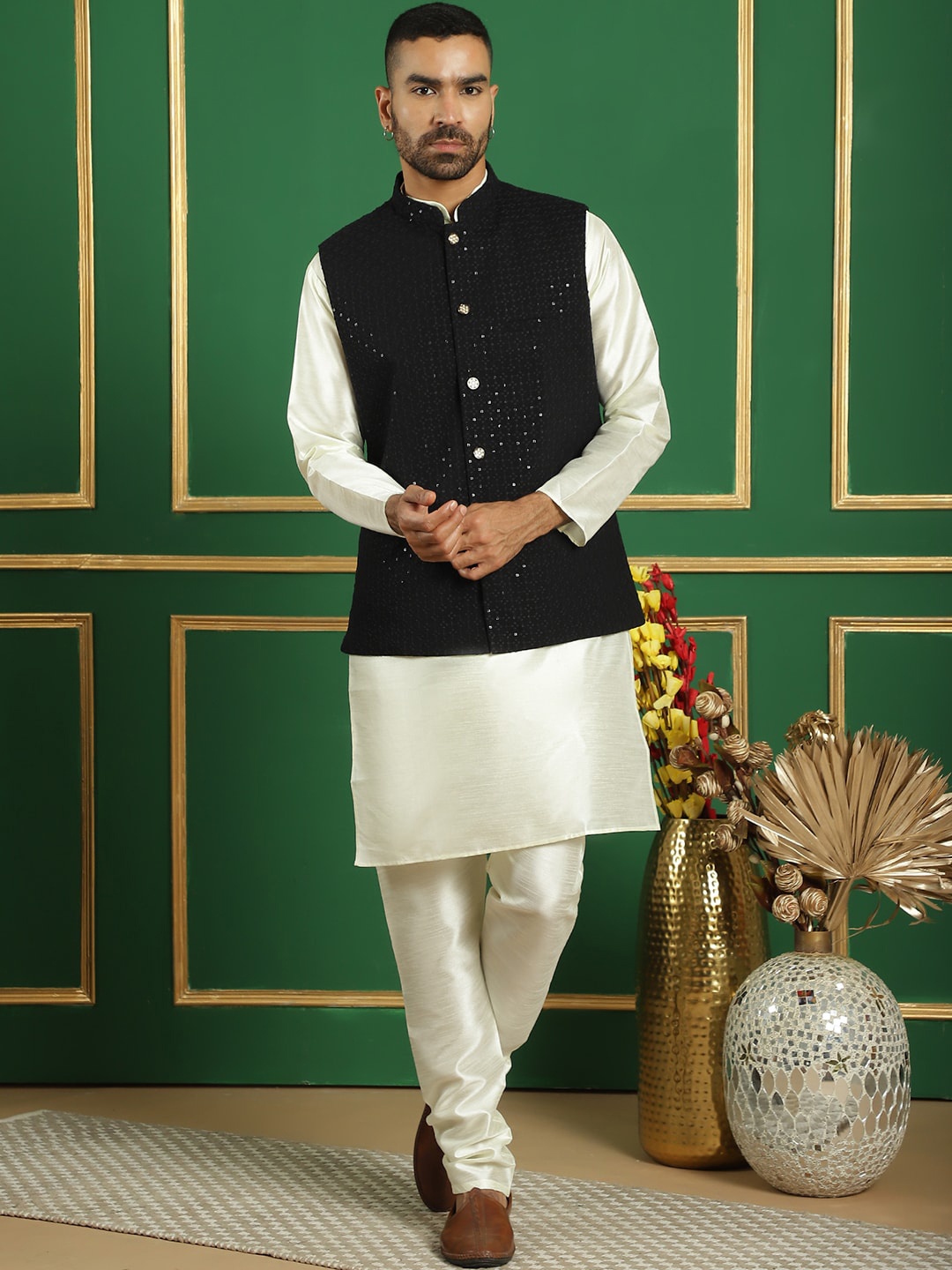 

Anouk Black & Off White Embroidered Regular Sequinned Kurta With Churidar
