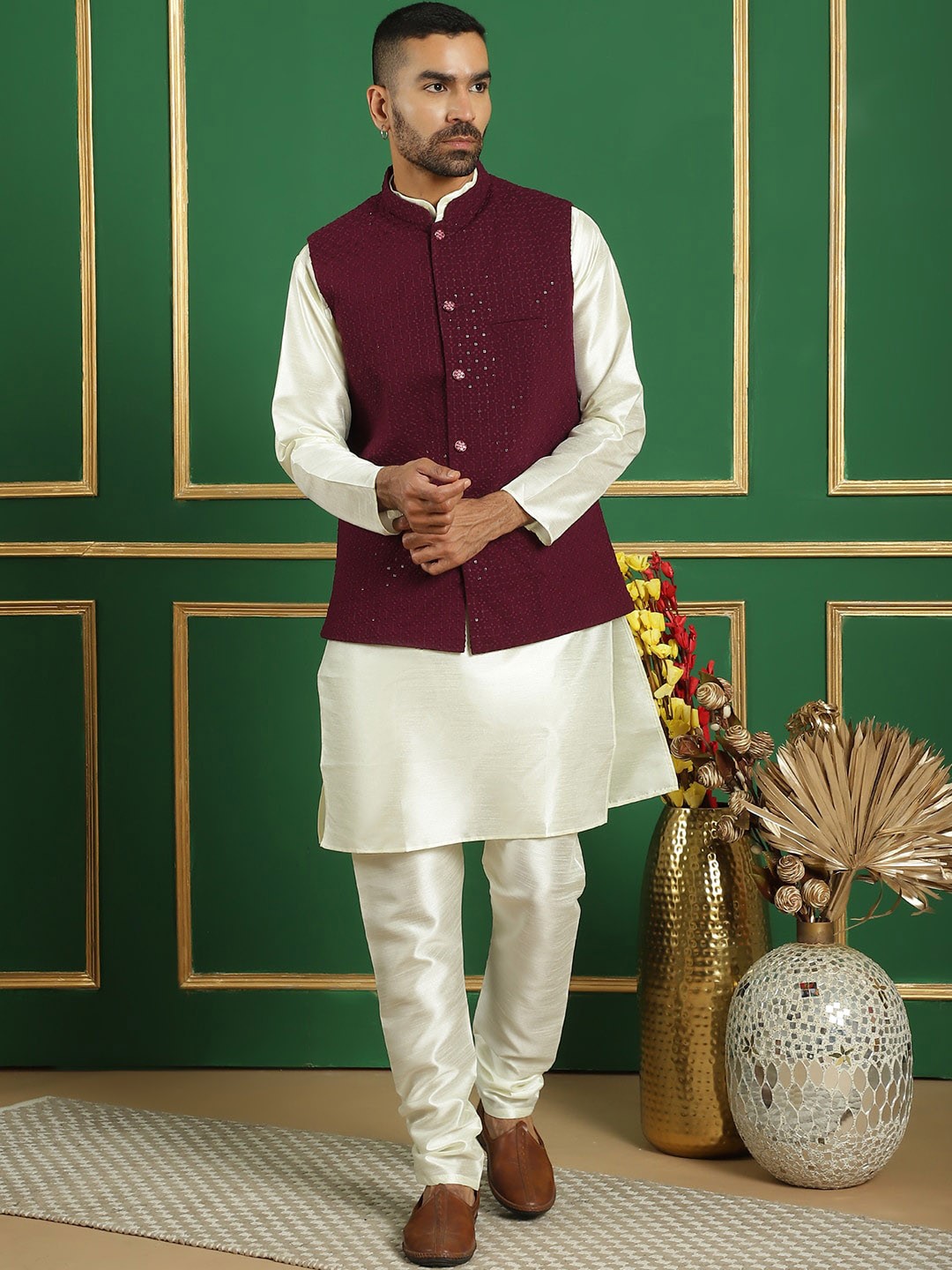 

Anouk Embroidered Regular Sequinned Kurta & Churidar, Maroon