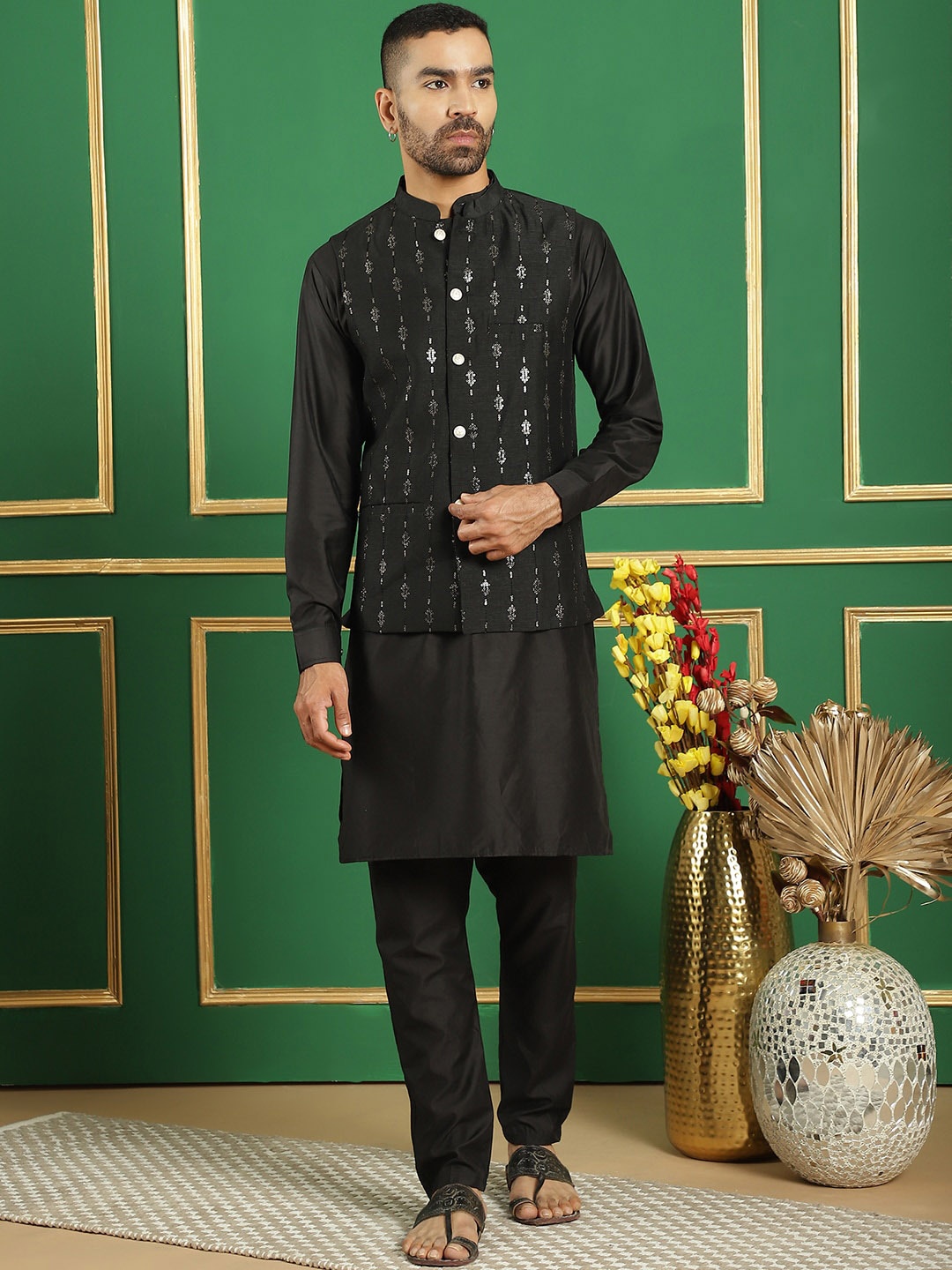 

Anouk Black Embroidered Regular Sequinned Kurta with Pyjamas