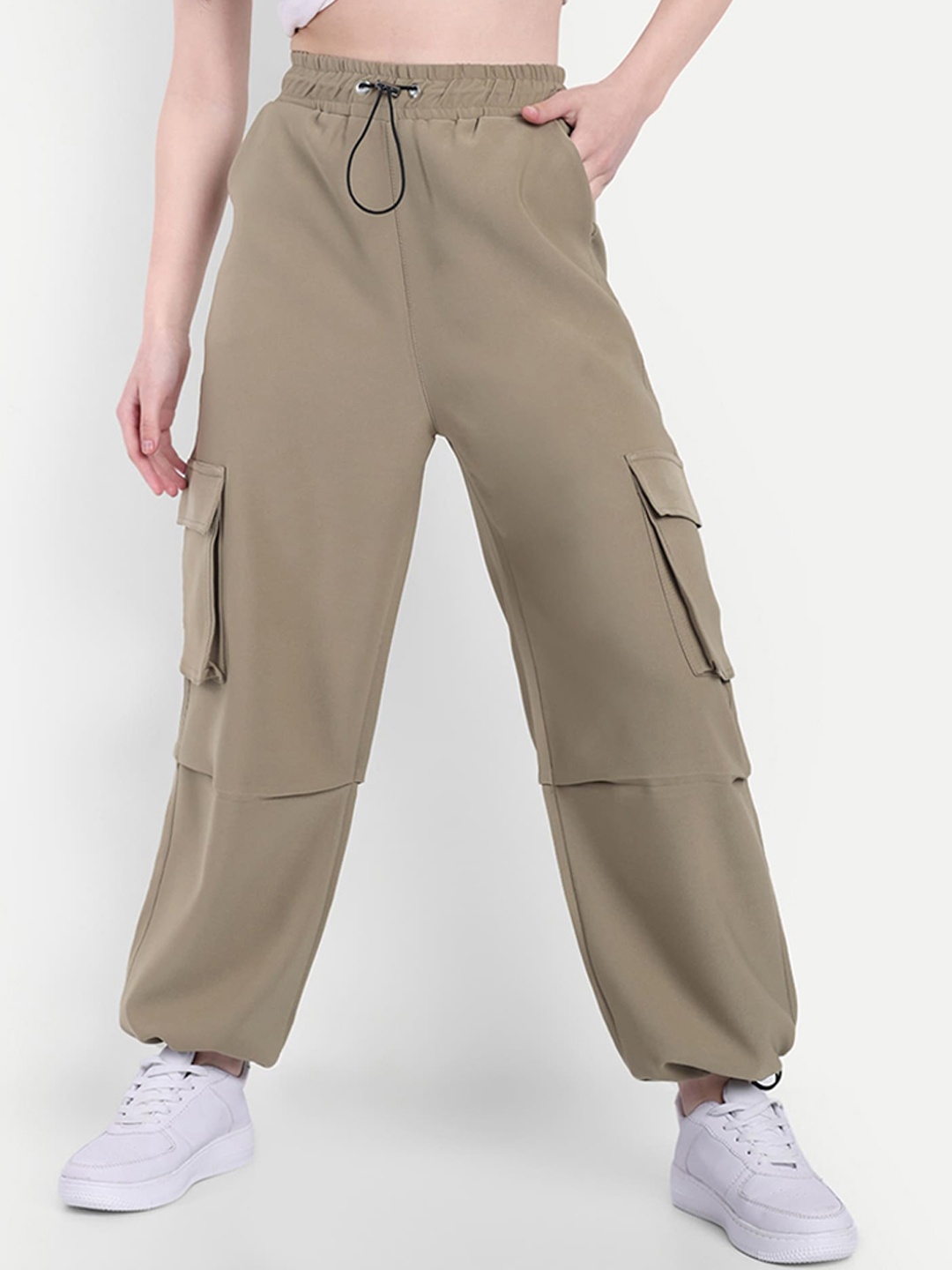 

Next One Women Smart High-Rise Cargos Trousers, Beige