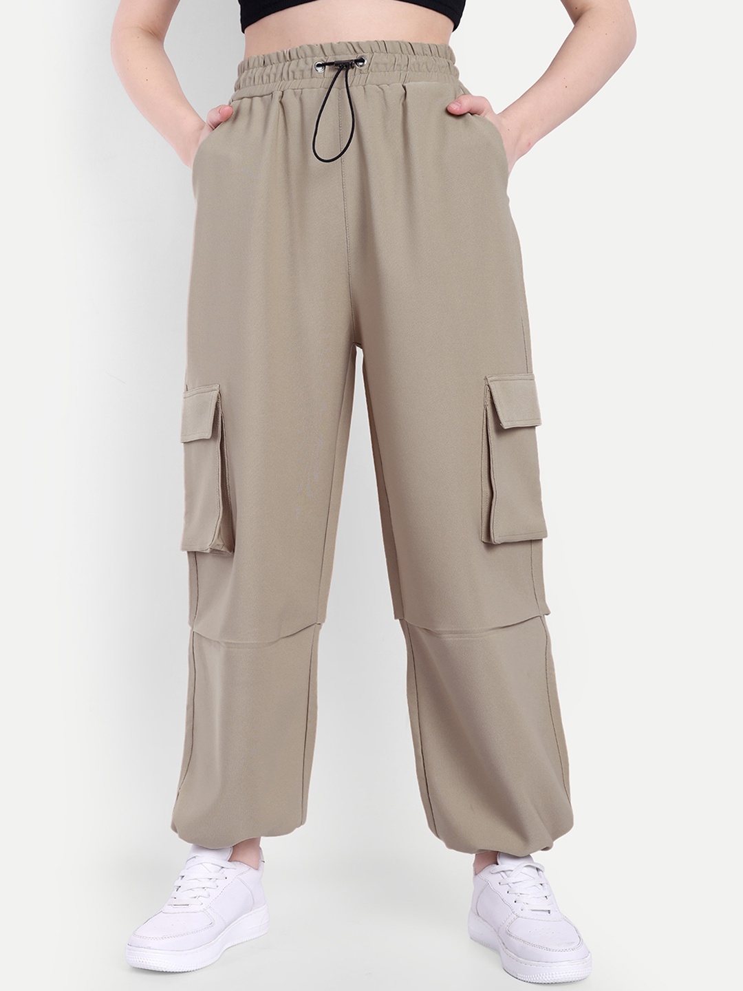 

Next One Women Smart High-Rise Cargos Trousers, Beige