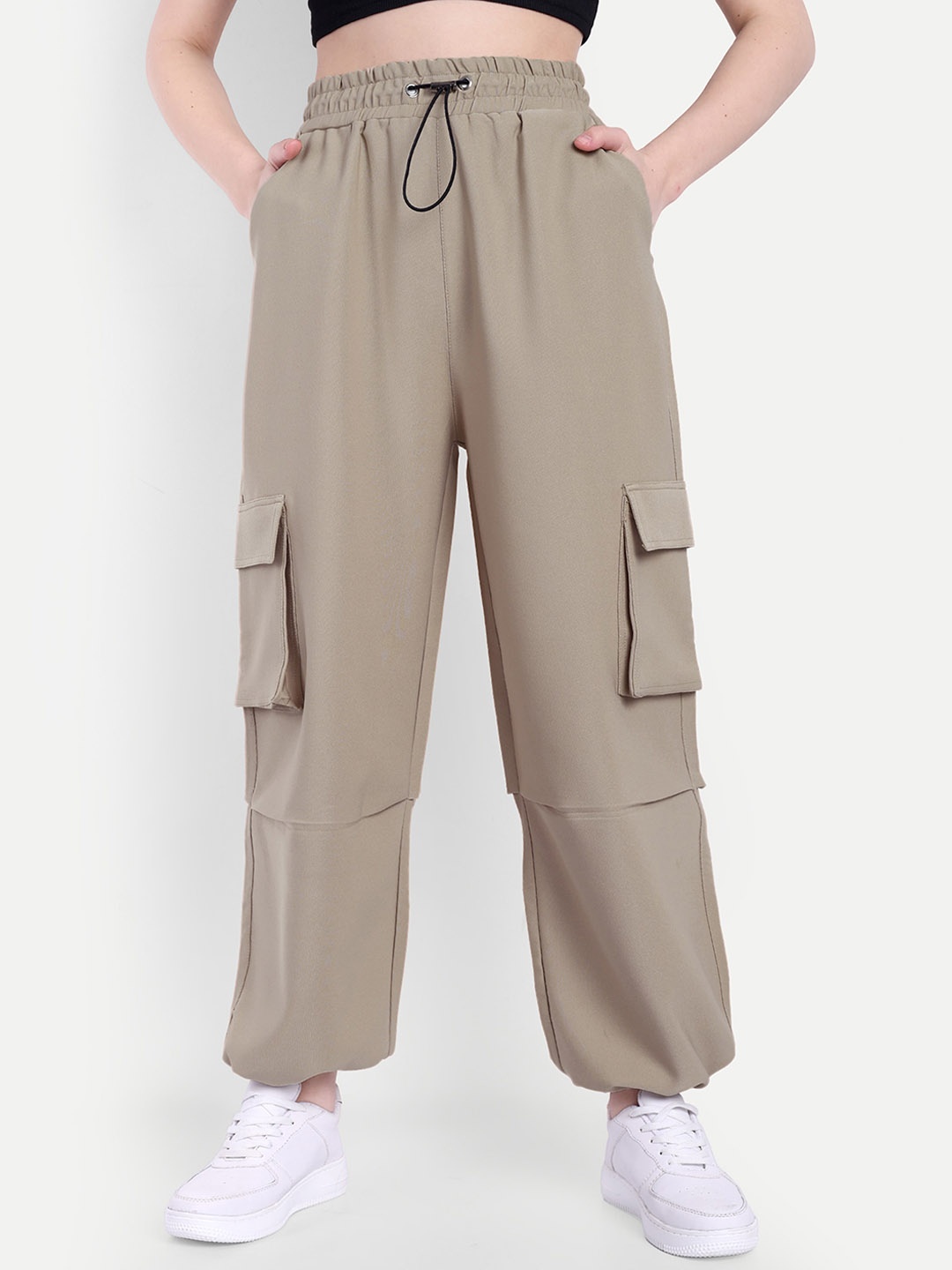 

Next One Women Smart High-Rise Cargos Trousers, Beige