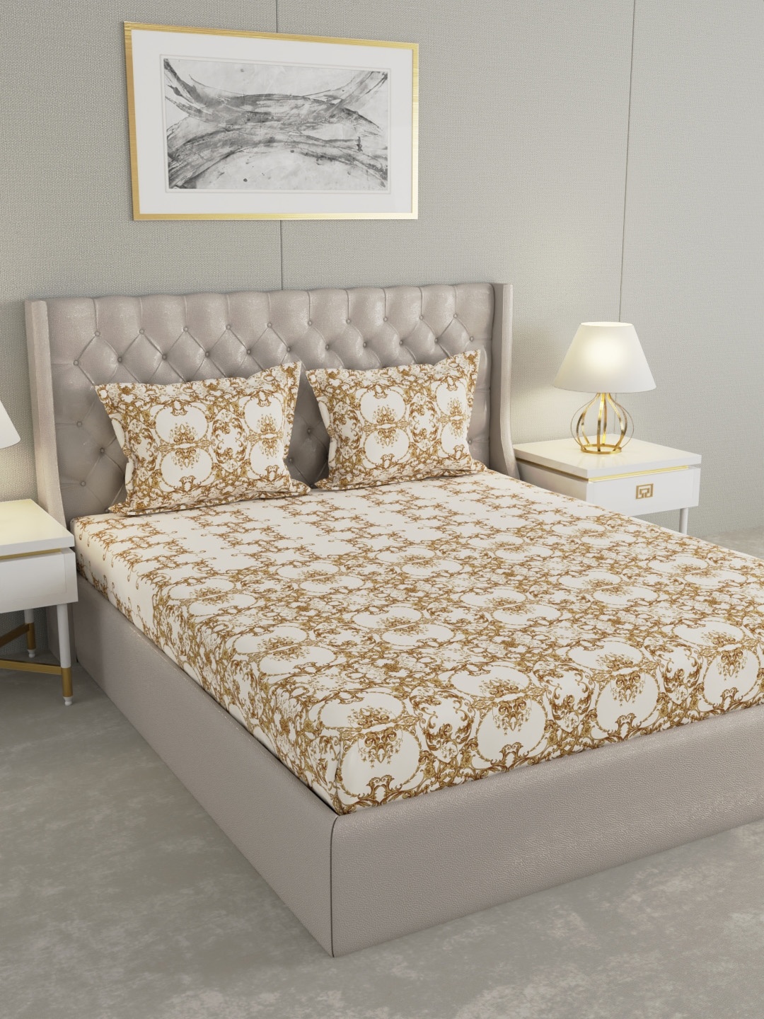 

Raymond Home Gold-Toned & White Ethnic Motifs 120 TC King Bedsheet with 2 Pillow Covers