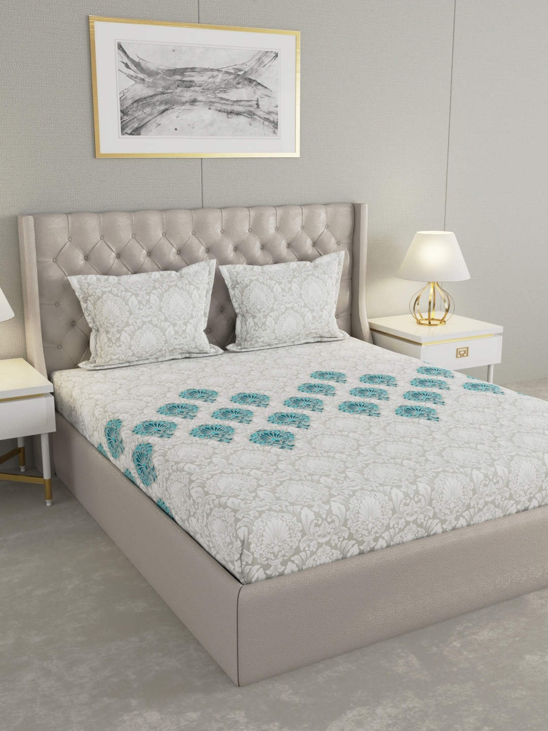 

Raymond Home Grey & Blue Ethnic Motifs 120 TC King Bedsheet with 2 Pillow Covers
