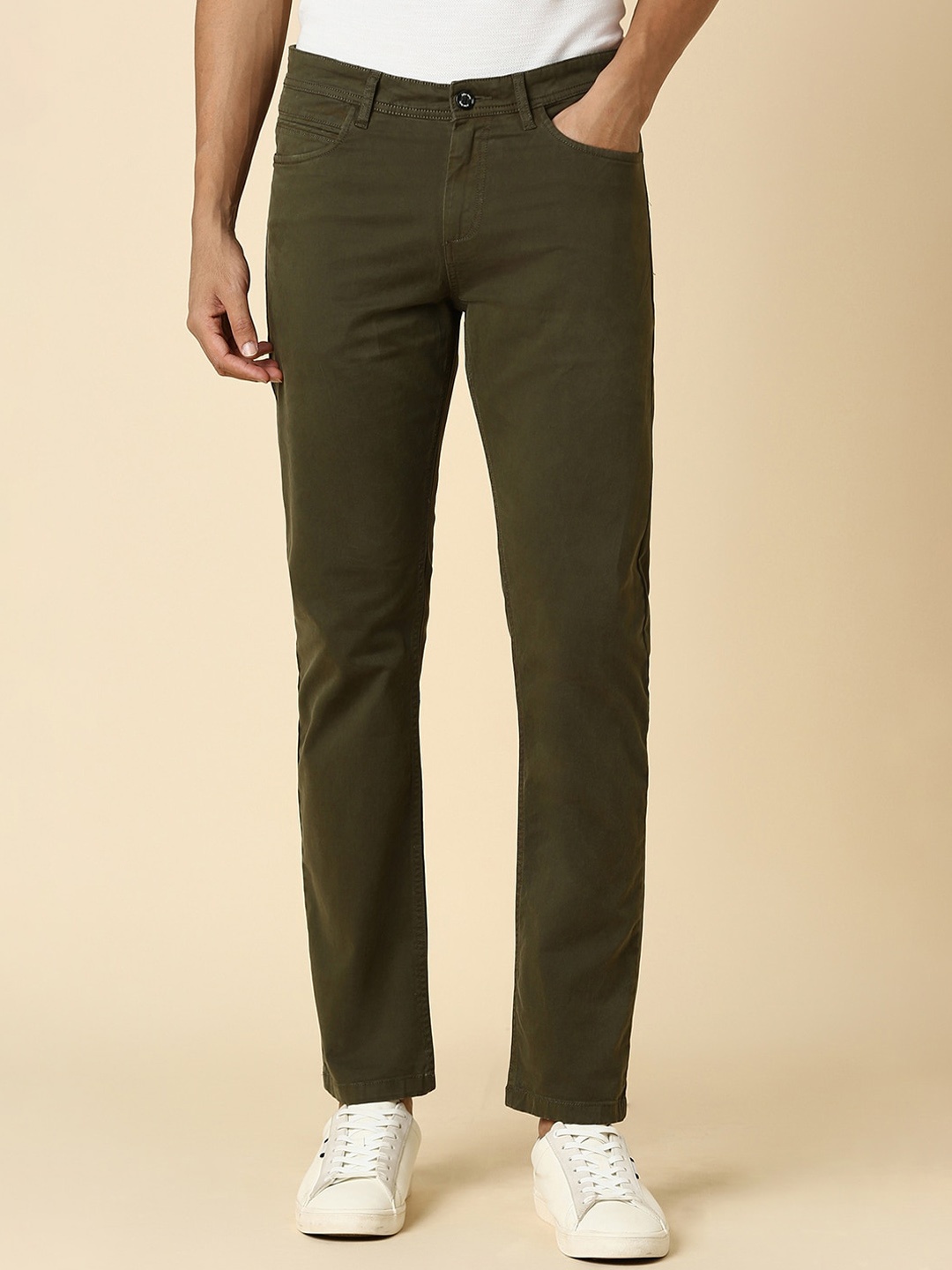 

Allen Solly Men Slim Fit Mid Rise Cotton Trousers, Olive