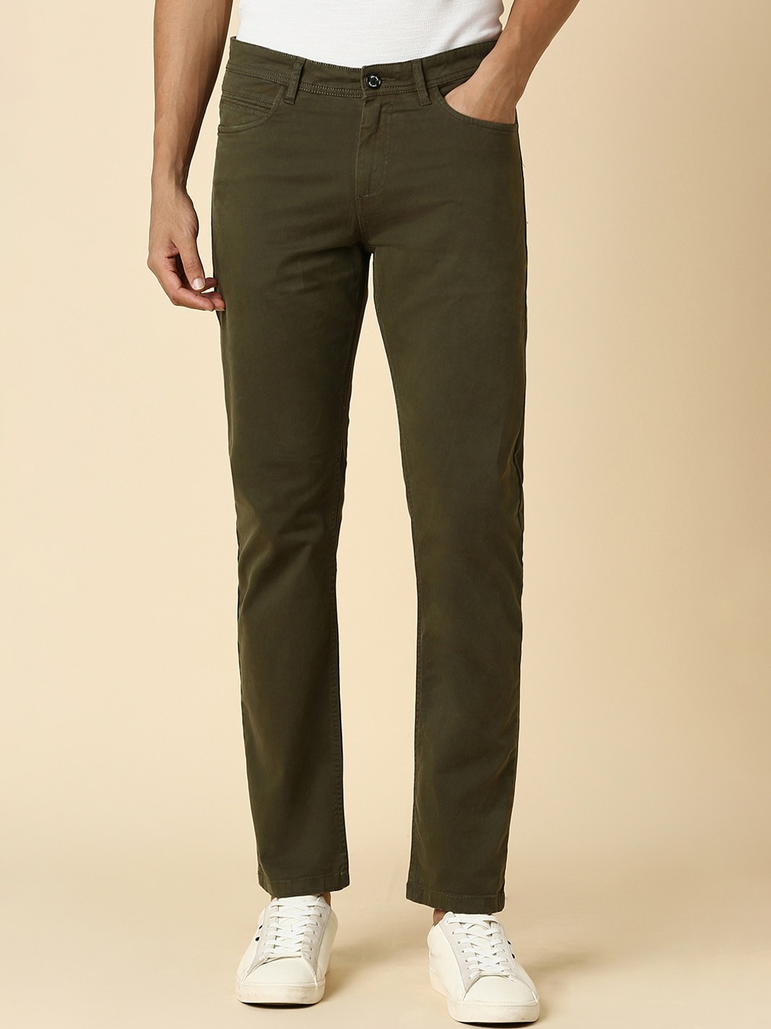

Allen Solly Men Slim Fit Mid Rise Cotton Trousers, Olive