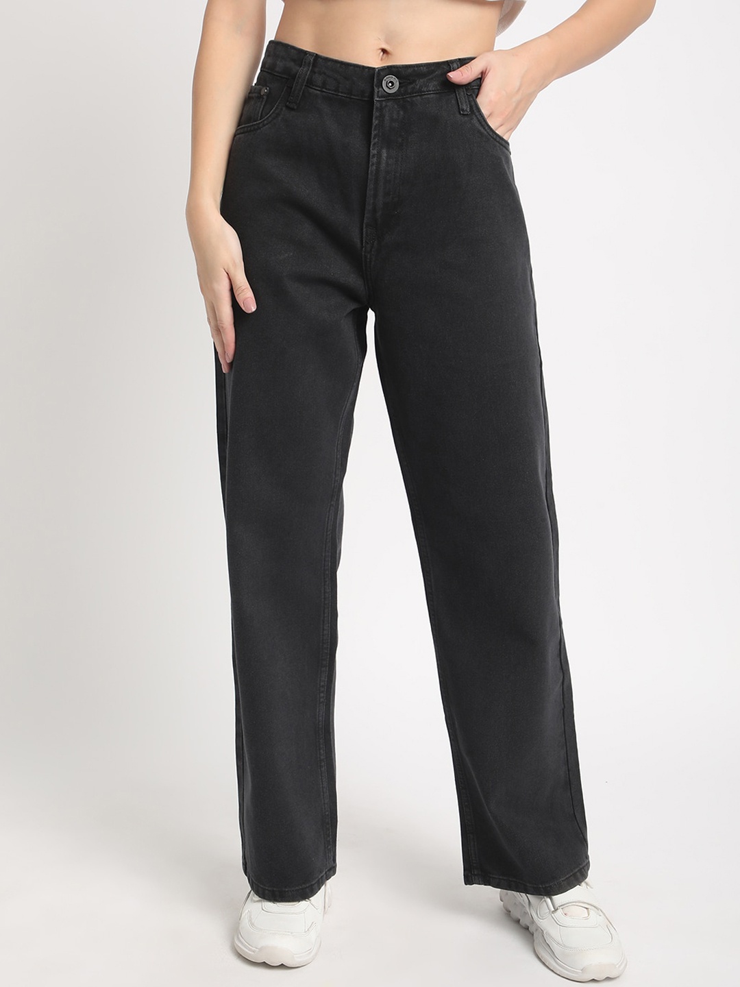 

The Lifestyle Co Women Pure Cotton Straight-Fit High Rise No Fade Jeans, Black