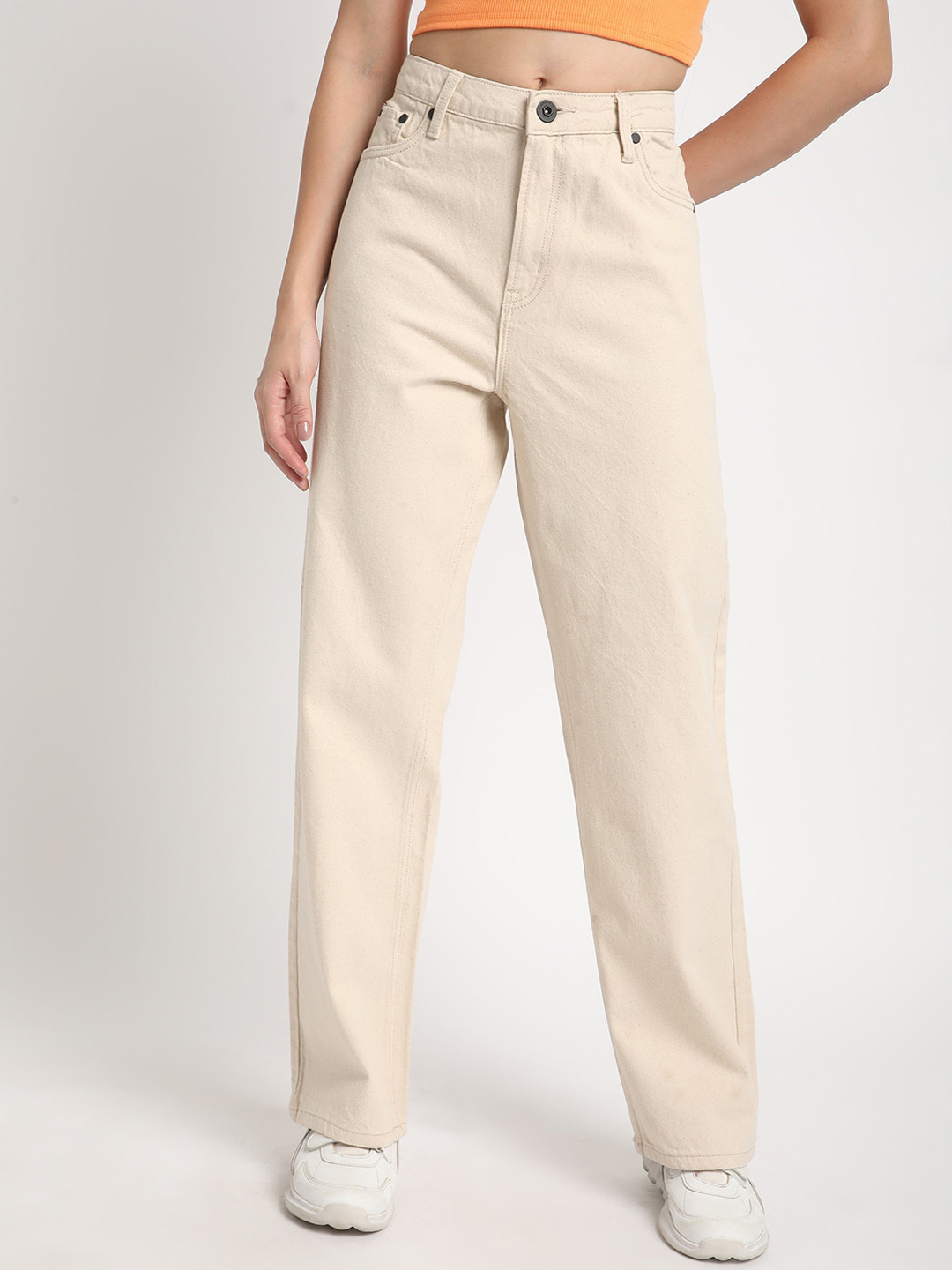 

The Roadster Lifestyle Co Women Pure Cotton Straight-Fit High Rise No Fade Jeans, Beige