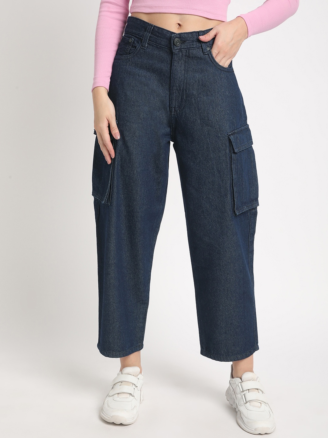 

The Roadster Lifestyle Co Pure Cotton Balloon Fit Cargos Trousers, Navy blue