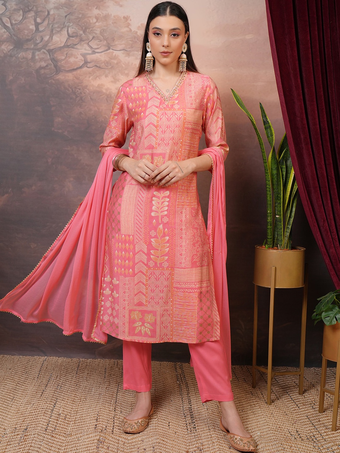 

Vishudh Peach Ethnic Motifs Printed Sequinned Kurta With Trousers & Dupatta