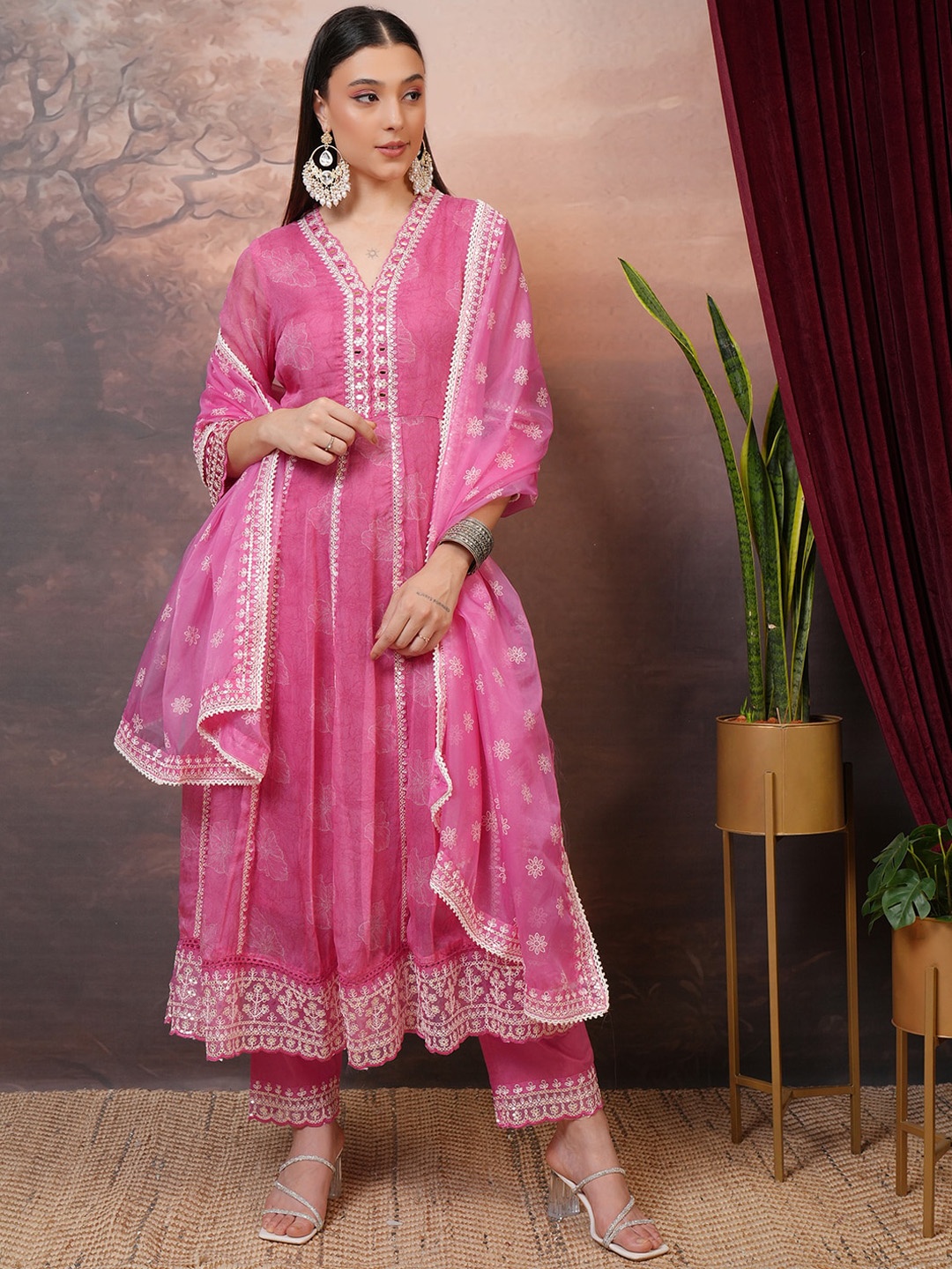 

Vishudh Pink Floral Printed Mirror Work Anarkali Kurta With Trousers & Dupatta