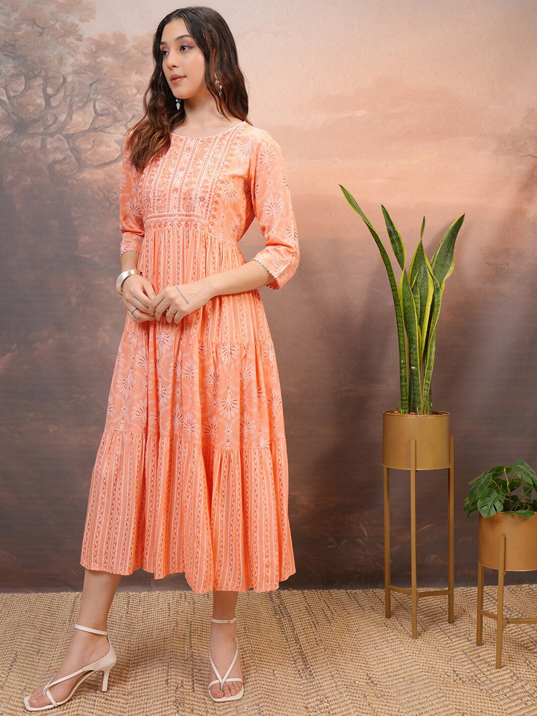 

Vishudh Orange Floral Printed Fit & Flare Dress