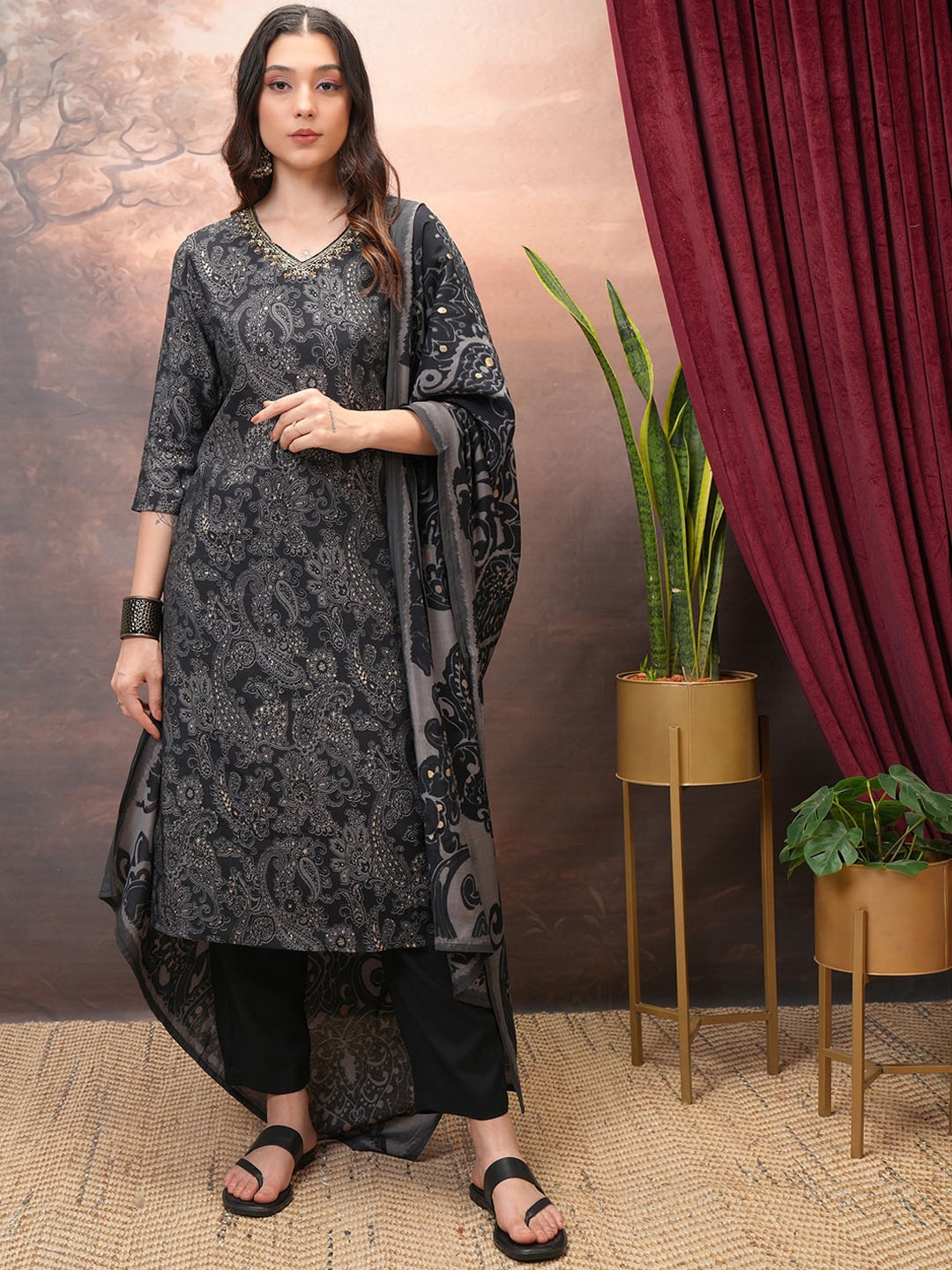 

Vishudh Black Paisley Printed Sequinned Straight Kurta With Trousers & Dupatta