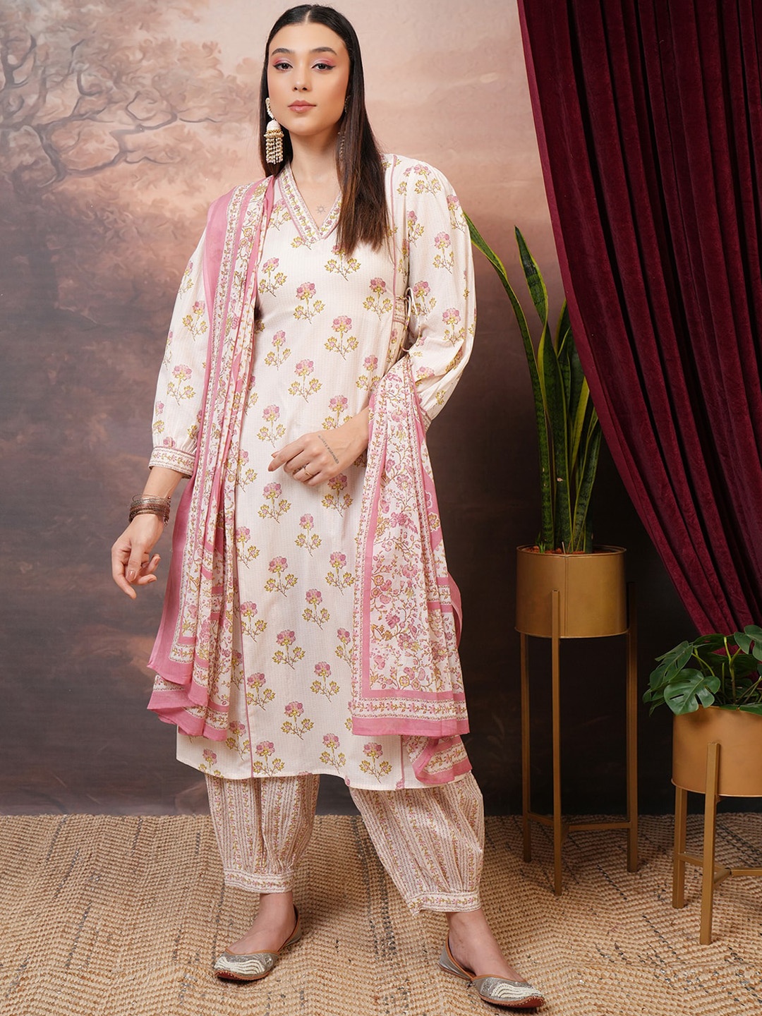 

Vishudh Pink Floral Printed Pure Cotton Panelled A-Line Kurta With Salwar & Dupatta