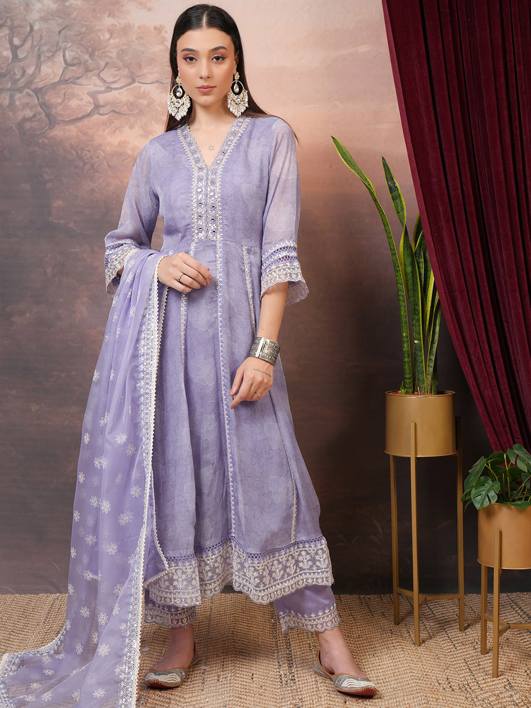 

Vishudh Purple Floral Printed Mirror Work Anarkali Kurta With Trousers & Dupatta