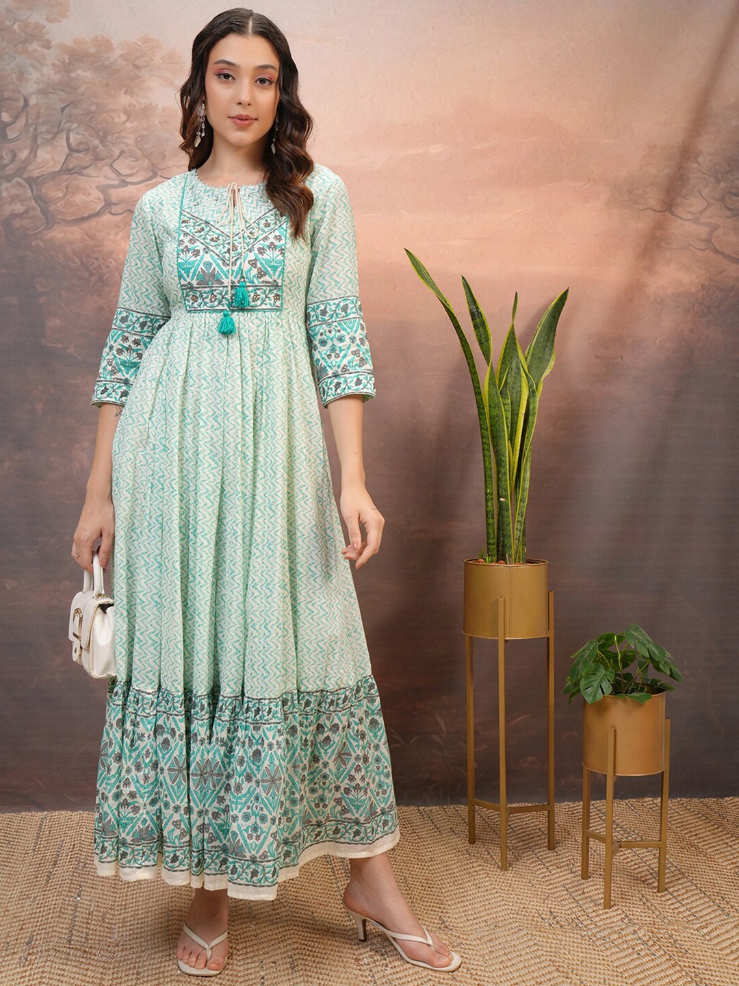 

Vishudh Green Floral Printed Cotton Maxi Dress