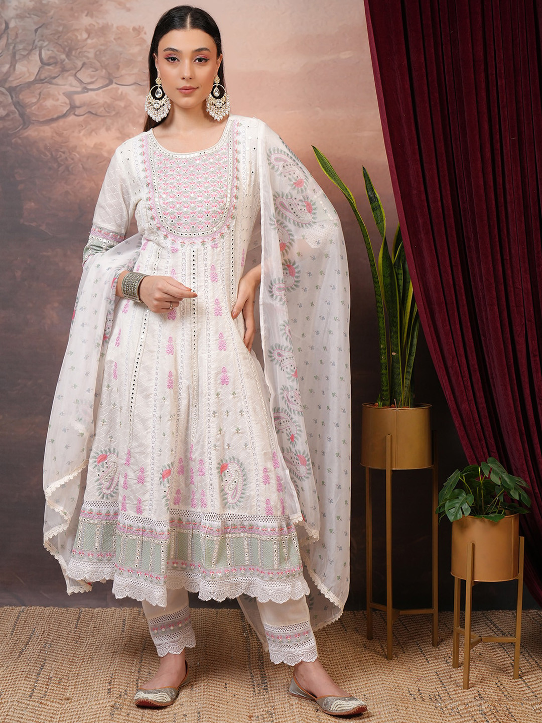 

Vishudh White Embroidered Mirror Work Pure Cotton Anarkali Kurta With Trousers & Dupatta