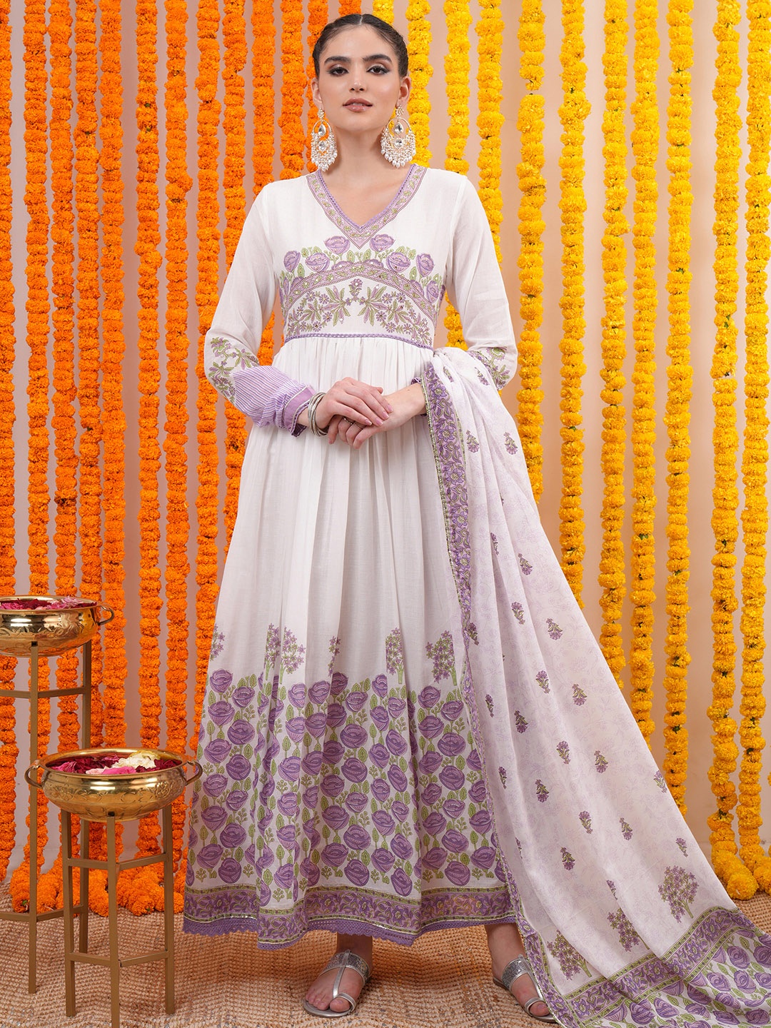 

Vishudh Purple Floral Printed Pure Cotton Ethnic Dress With Dupatta