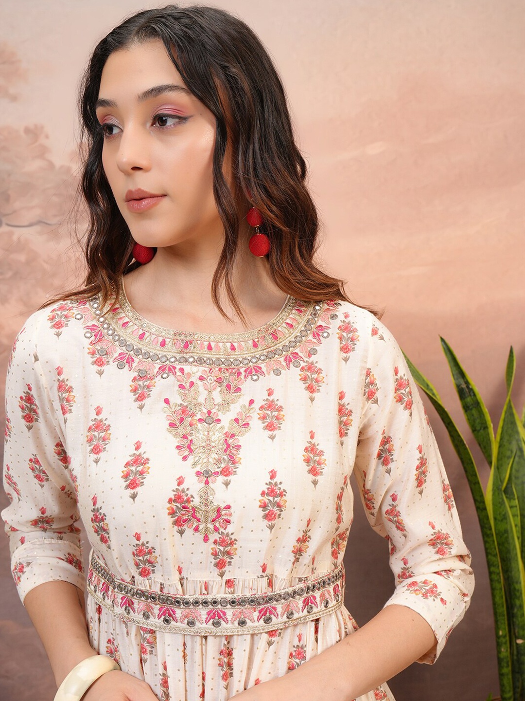 

Vishudh Floral Printed A-Line Midi Dress, Peach