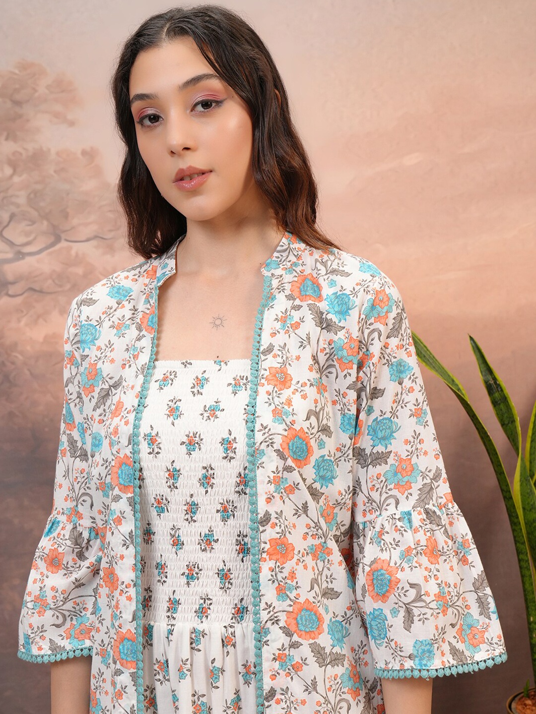 

Vishudh Floral Printed Gathered Smocked Cotton Maxi A-Line Dress With Shrug, Off white