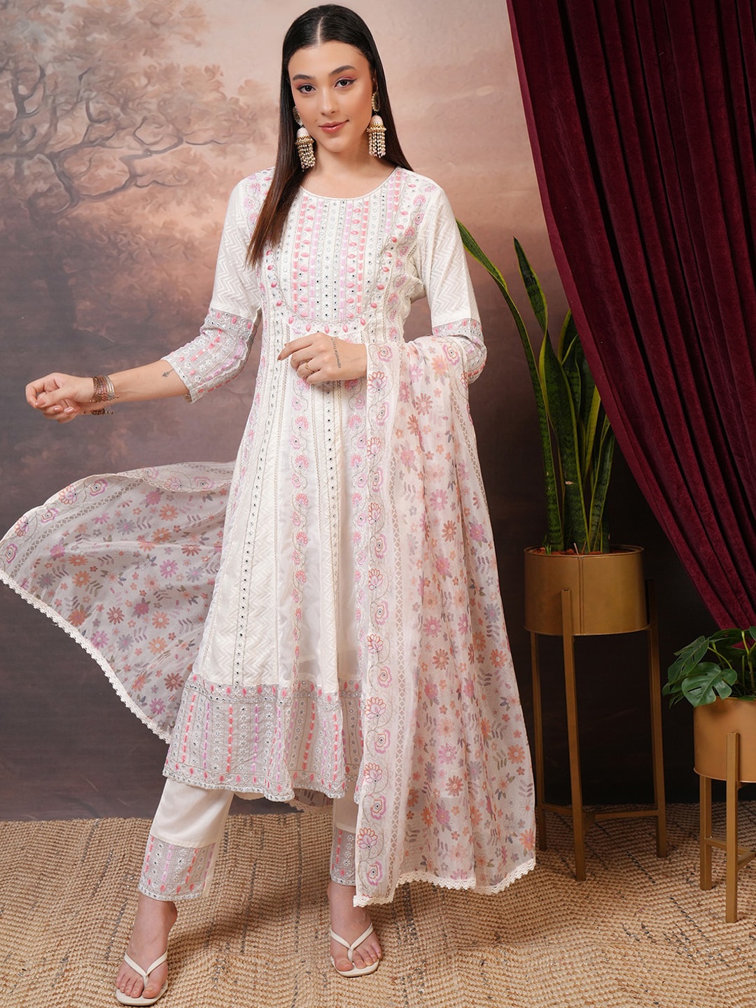 

Vishudh Pink Embroidered Mirror Work Pure Cotton Anarkali Kurta With Trousers & Dupatta