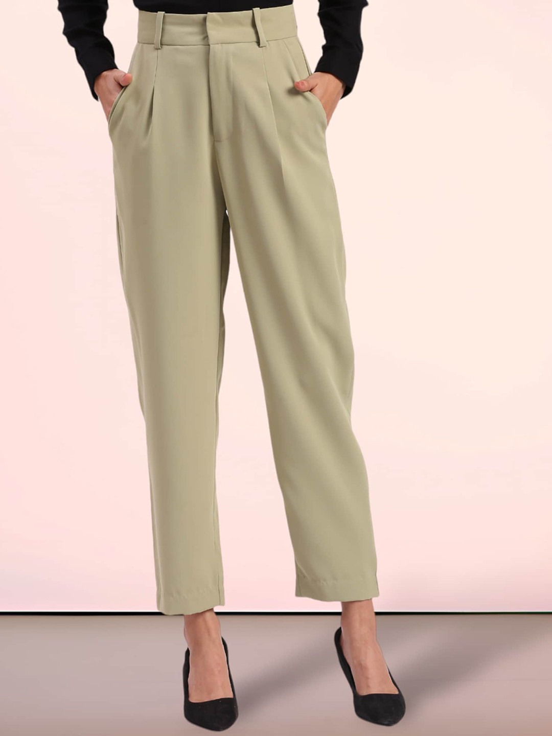 

FITHUB Women Tapered Fit High-Rise Cotton Cropped Trouser, Green