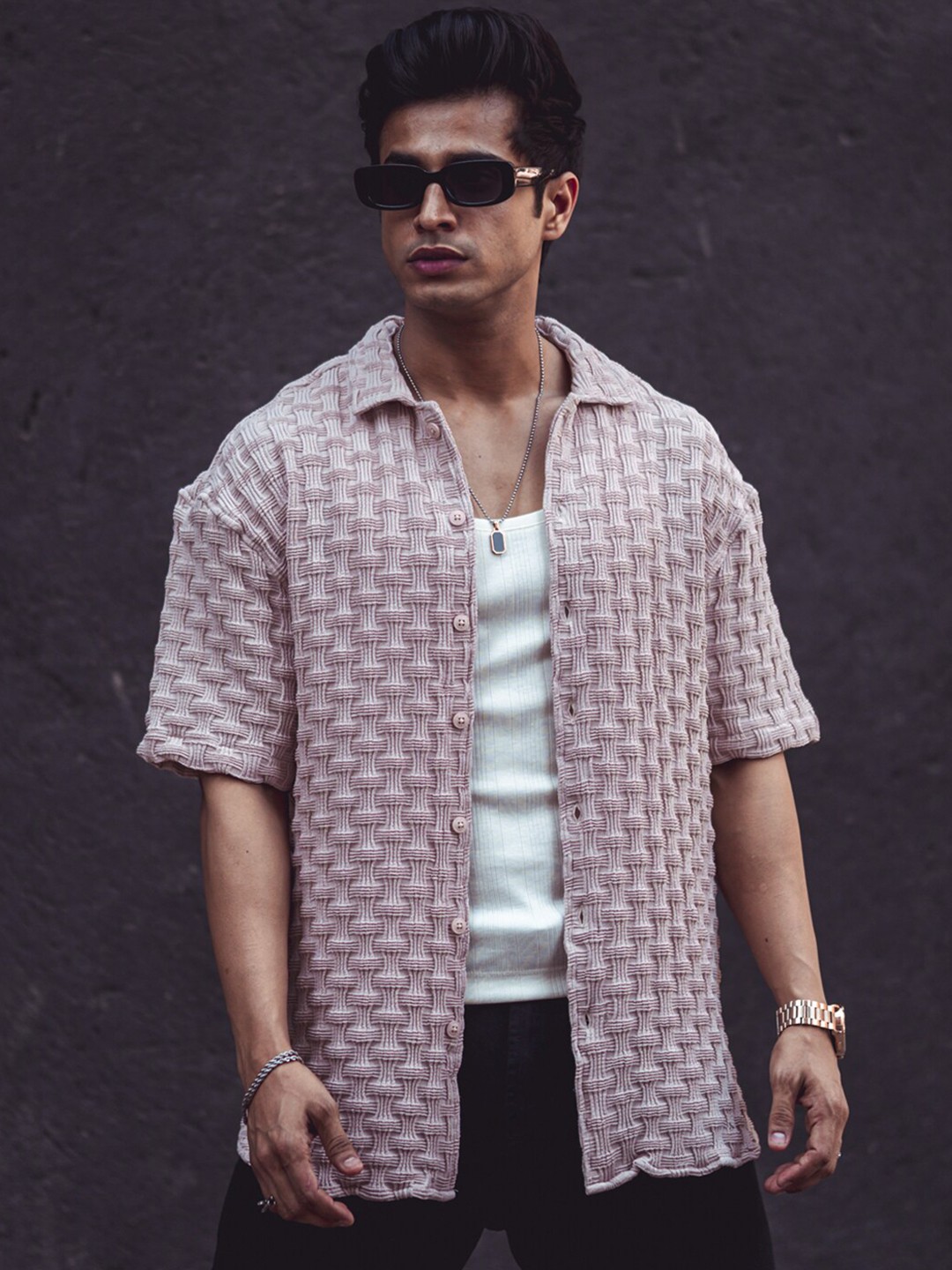 

Powerlook Textured Self Design Oversized Casual Shirt, Pink