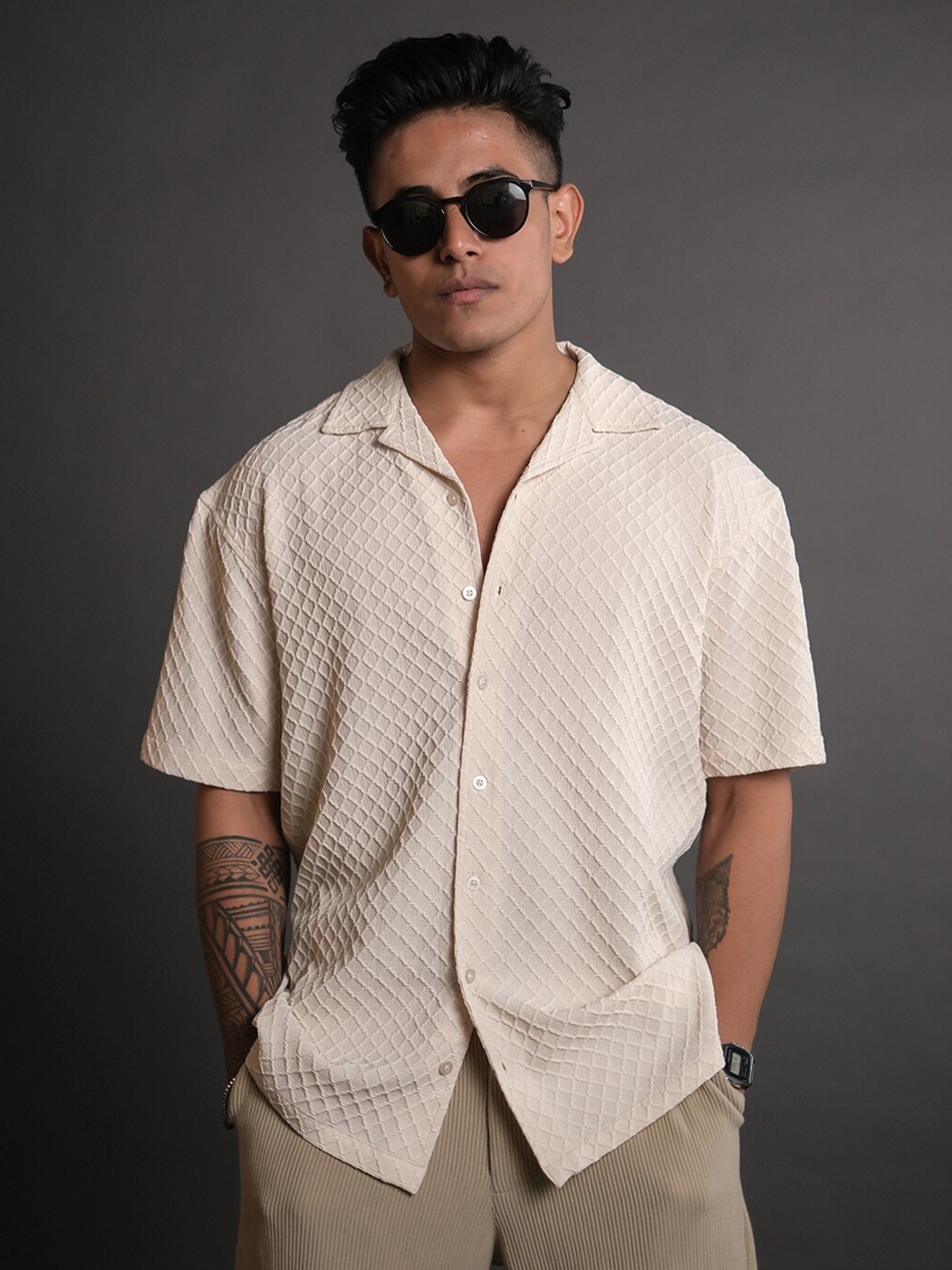 

Powerlook Self Design Cuban Collar Cotton Oversized Casual Shirt, Cream