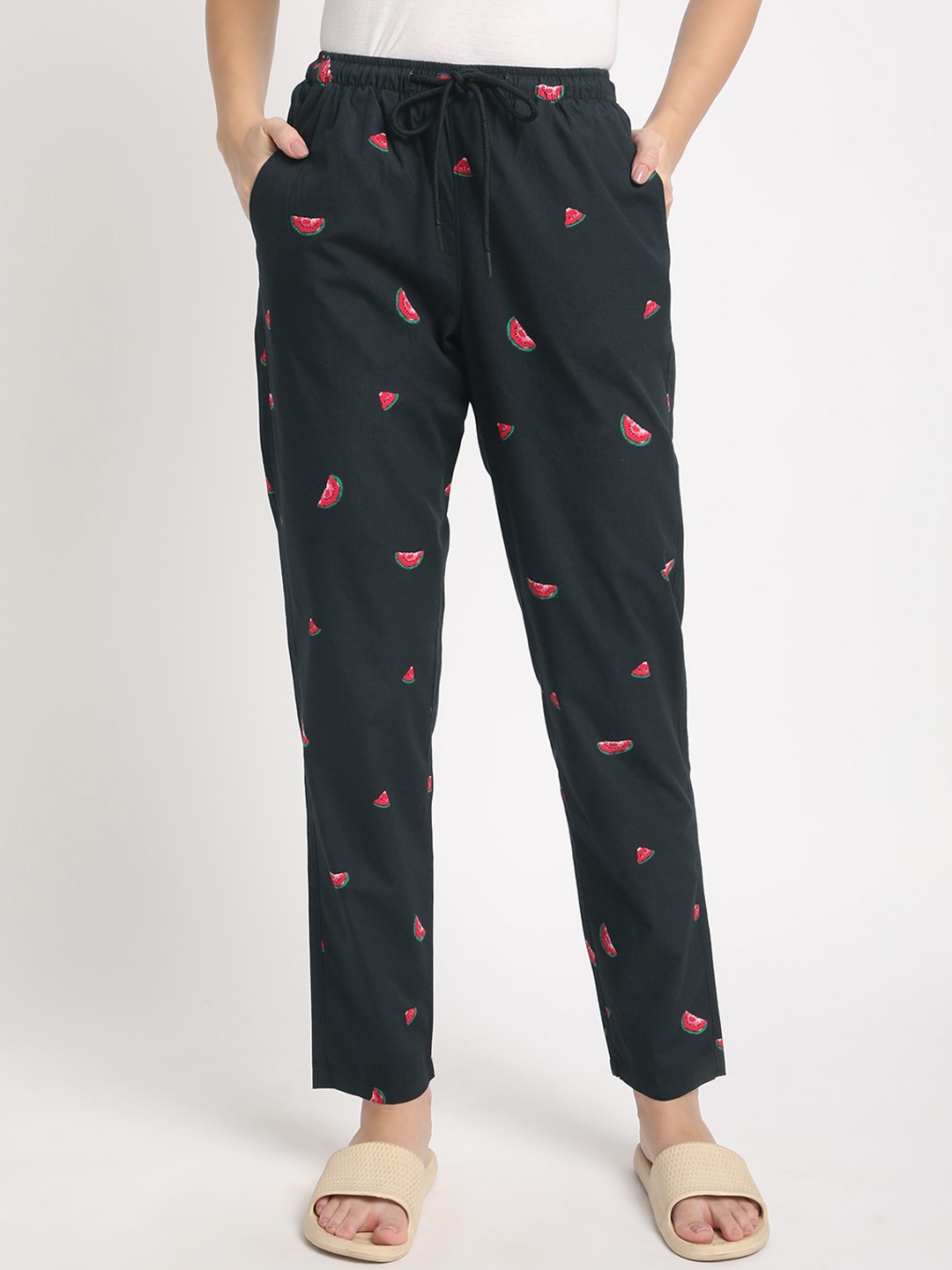 

IVOC Women Printed Pure Cotton Lounge Pants, Black