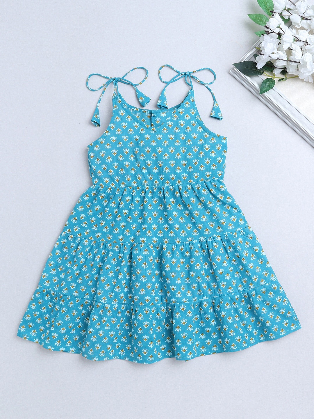 

The Magic Wand Girls Floral Printed Fit & Flare Cotton Dress, Blue