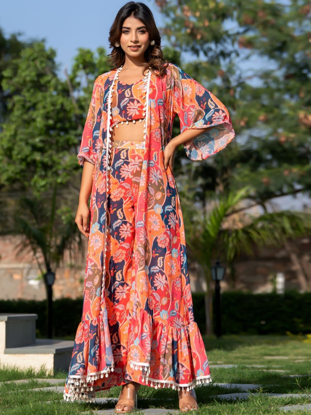 

HOUSE OF JAMOTI Printed Top With Shrug And Trousers Co-Ords, Red