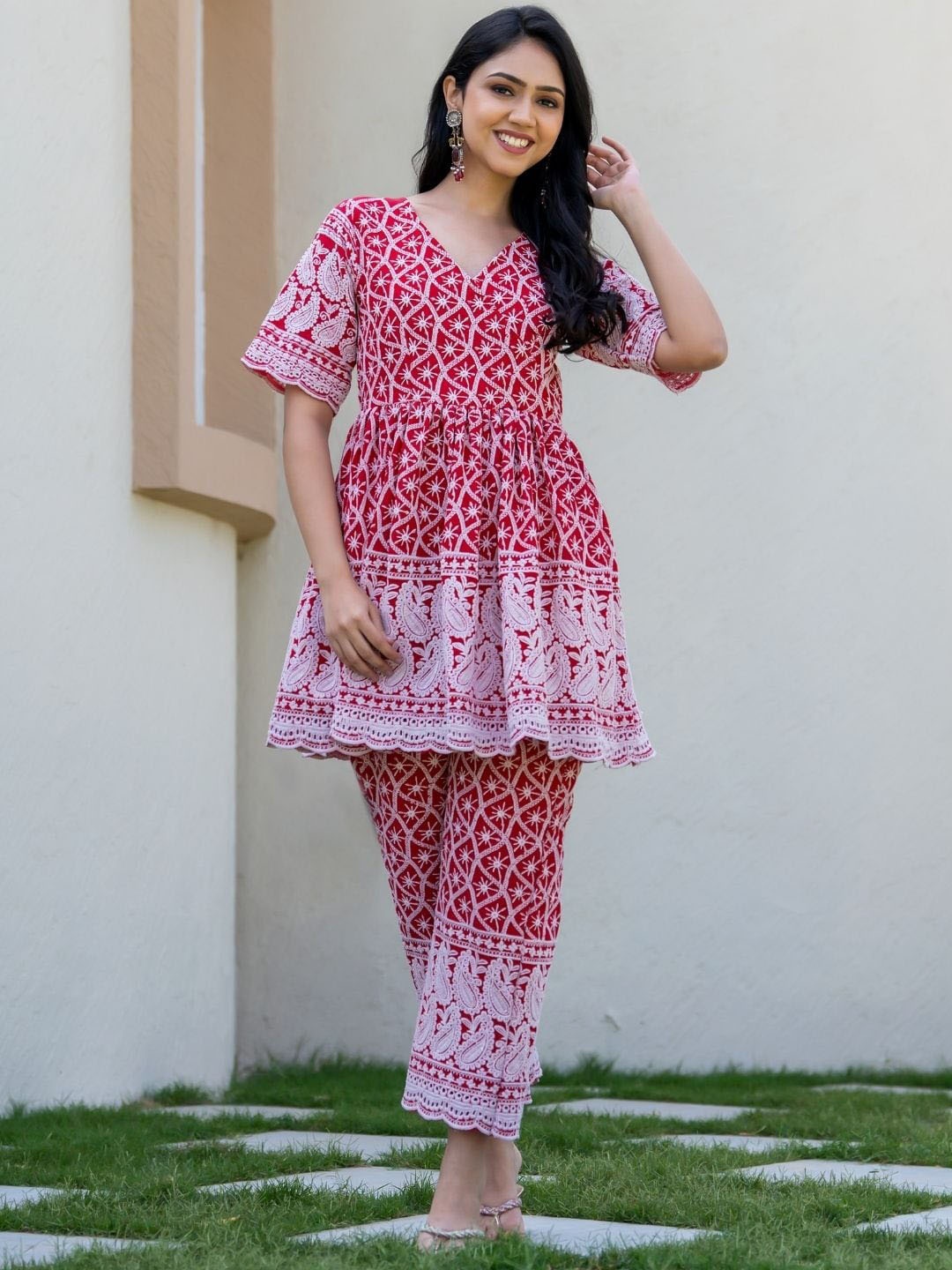 

HOUSE OF JAMOTI Embroidered Chikankari Pure Cotton Tunic & Trouser, Red