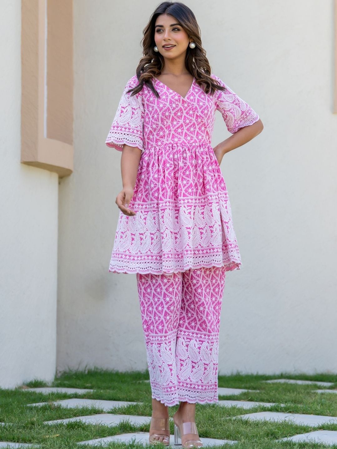 

HOUSE OF JAMOTI Embroidered Chikankari Pure Cotton Tunic & Trouser, Pink