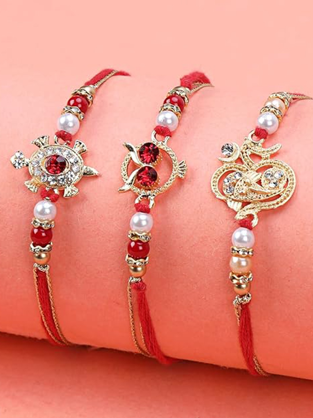 

Kaameri Bazaar Unisex Set of 3 Stone Studded & Beaded Rakhis, Gold