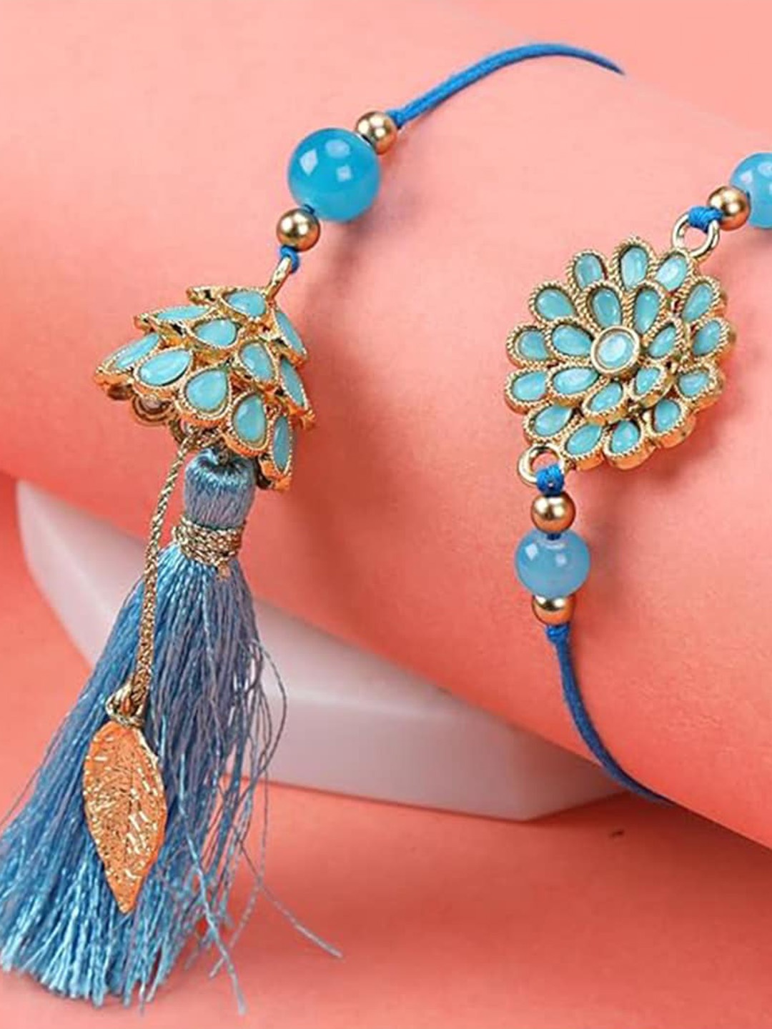 

Kaameri Bazaar Unisex Beaded Rakhi With Roli Chawal And Greetings, Gold