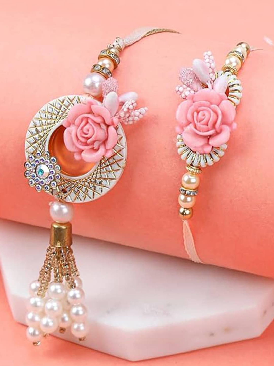 

Kaameri Bazaar Set of 2 Unisex Embellished Rakhi With Lumba, Pink