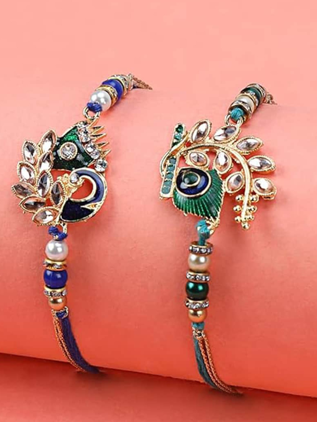 

Kaameri Bazaar Unisex Set Of 2 Studded & Beaded Rakhis, Gold
