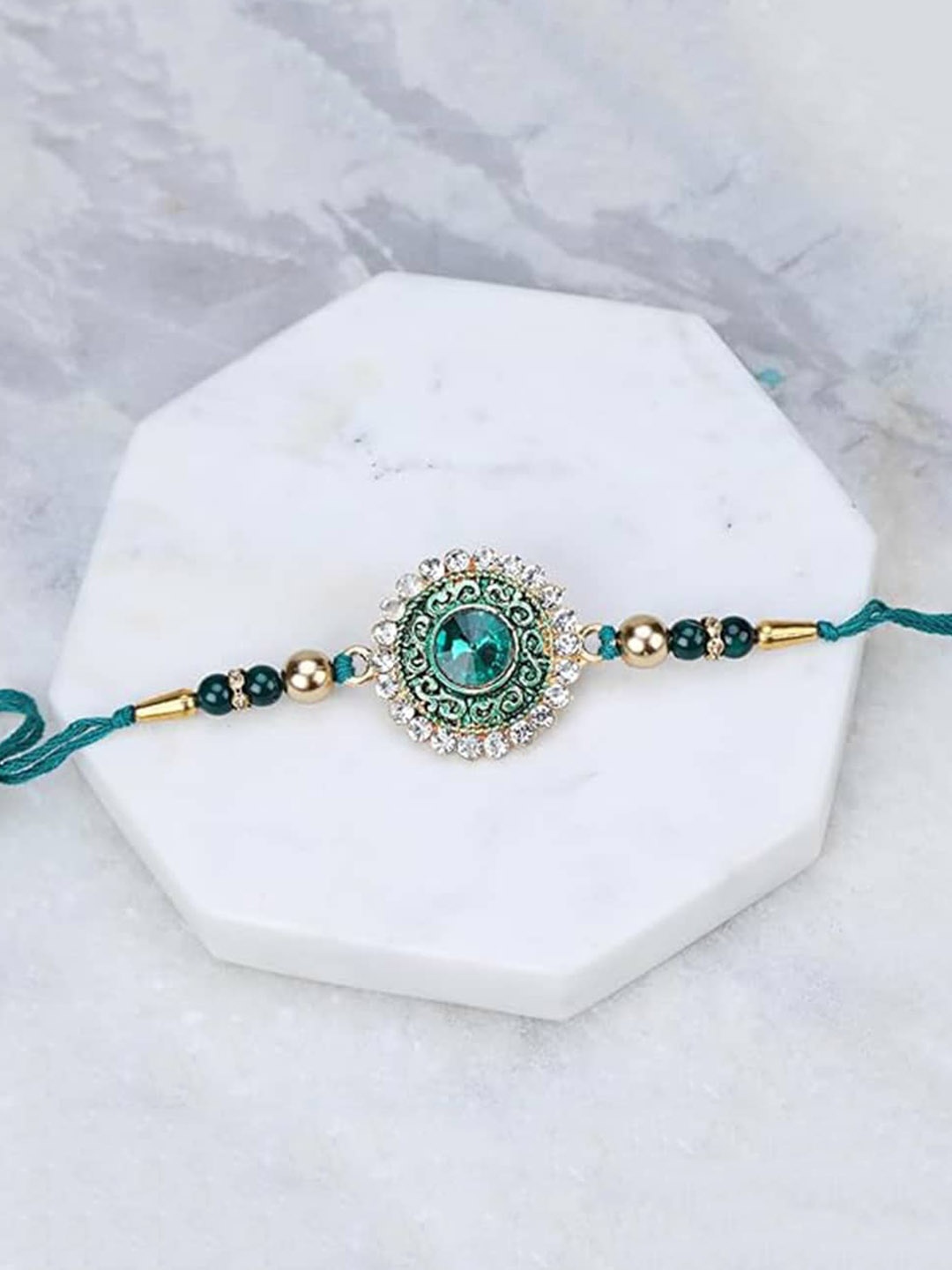 

Kaameri Bazaar Unisex Set Of 2 Studded & Beaded Rakhi With Lumba, Green