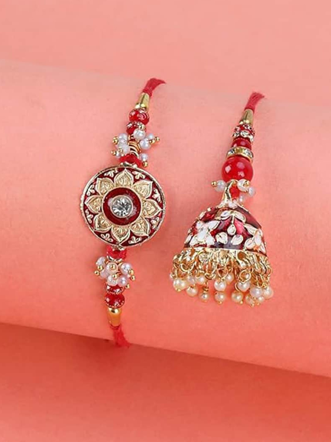 

Kaameri Bazaar Unisex Set Of 2 Stone Studded & Beaded Rakhi With Lumba, Gold