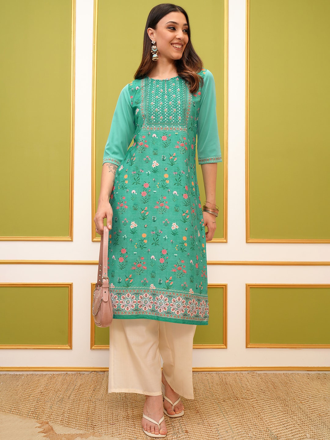 

KETCH Floral Printed Round Neck Straight Kurta, Blue