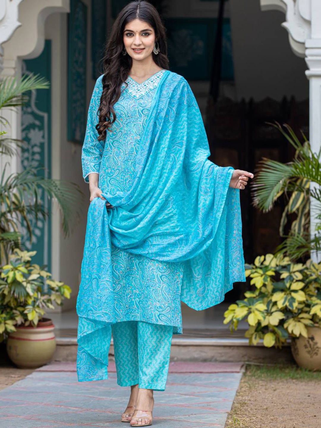 

Varanga Paisley Printed Regular Mirror Work Kurta with Trouser & Dupatta, Blue