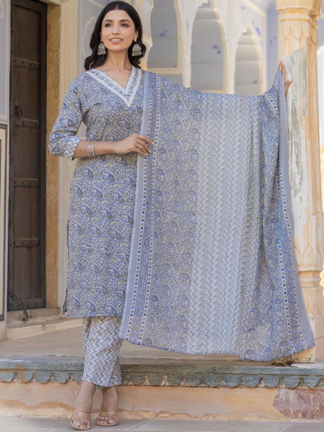 

Varanga Paisley Printed Regular Thread Work Kurta with Trousers & With Dupatta, Grey
