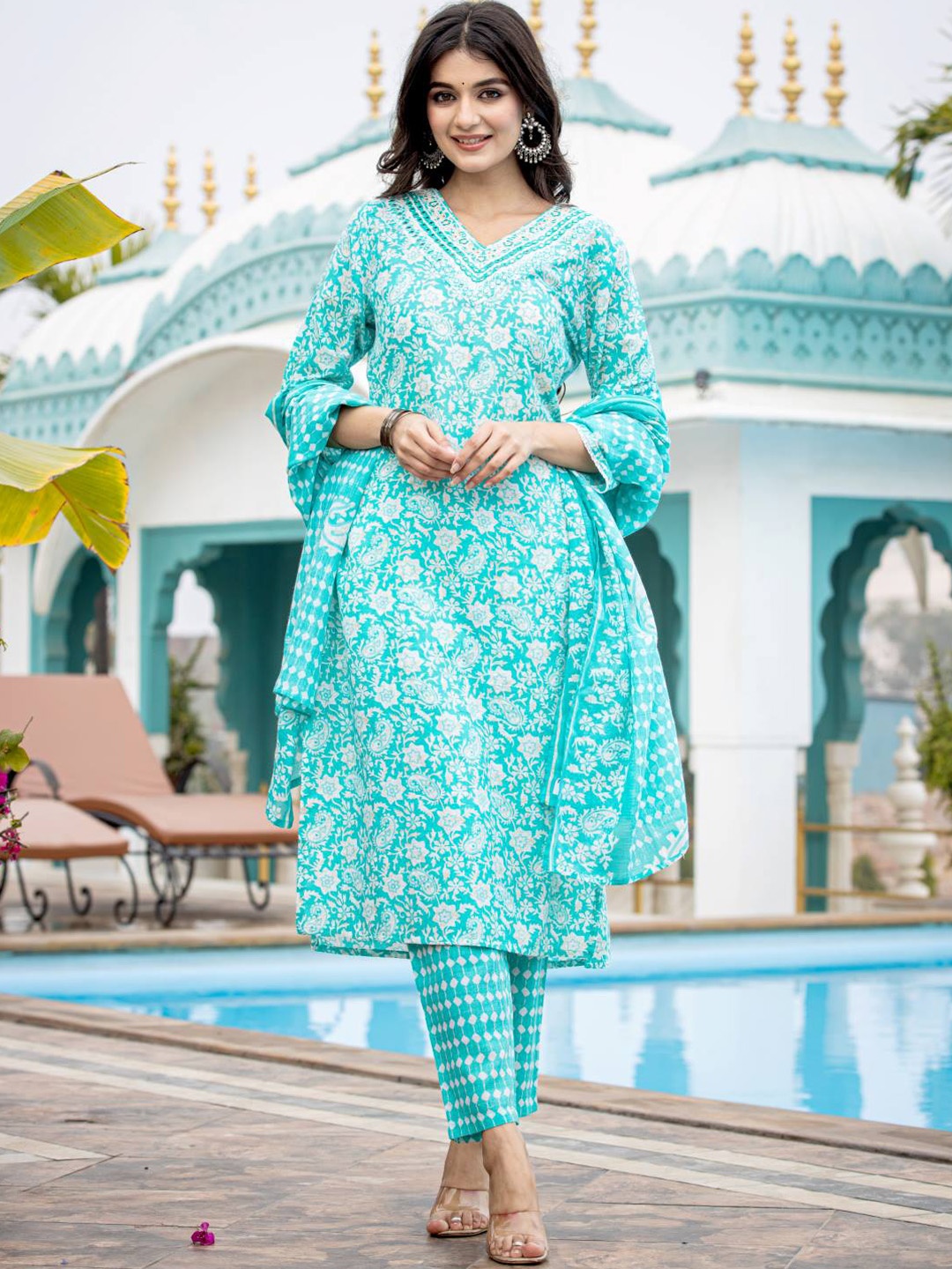 

Varanga Ethnic Motifs Printed Regular Mirror Work Kurta with Trouser & Dupatta, Blue