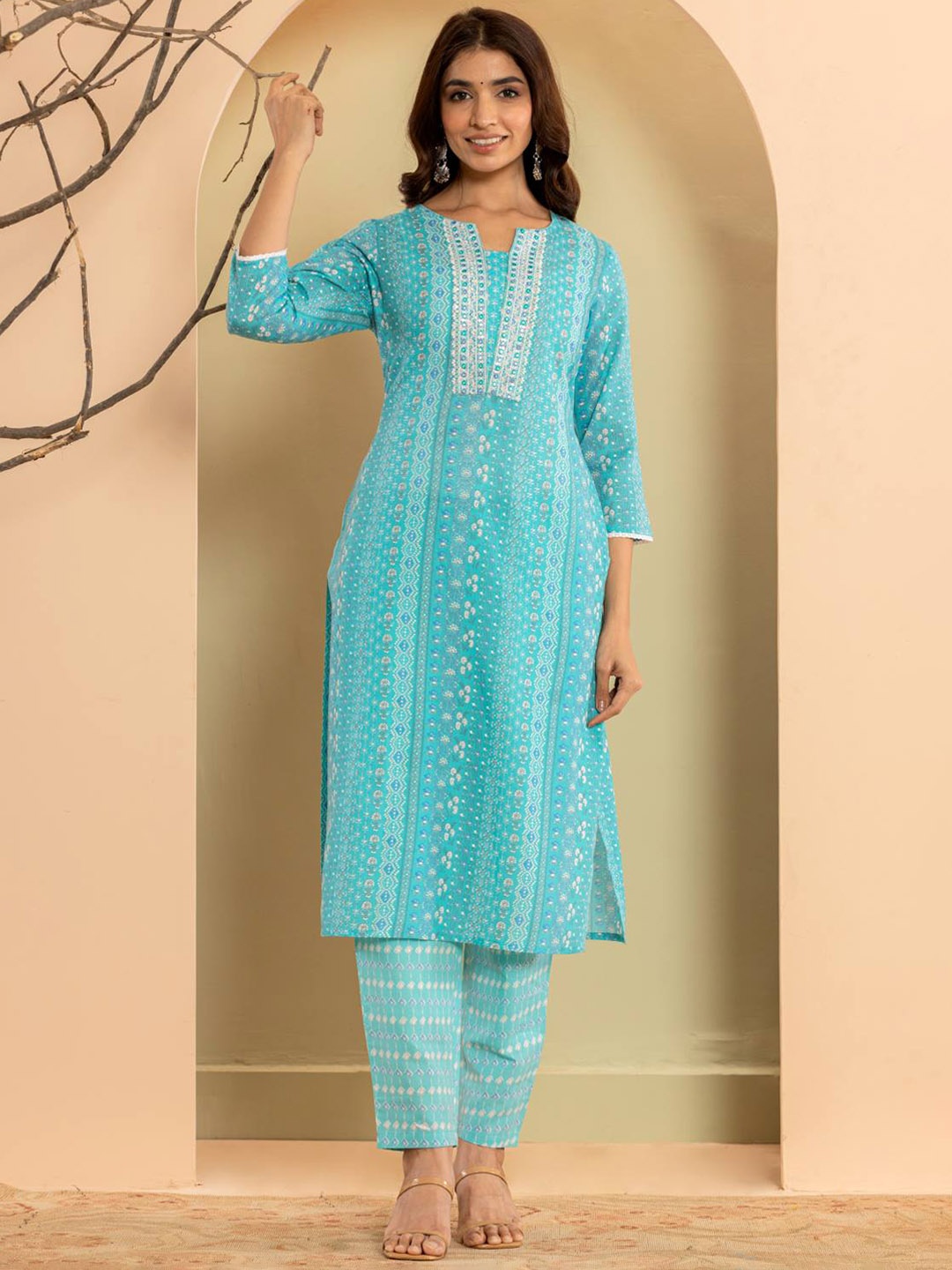 

Varanga Ethnic Motifs Printed Regular Mirror Work Kurta with Trousers & With Dupatta, Blue