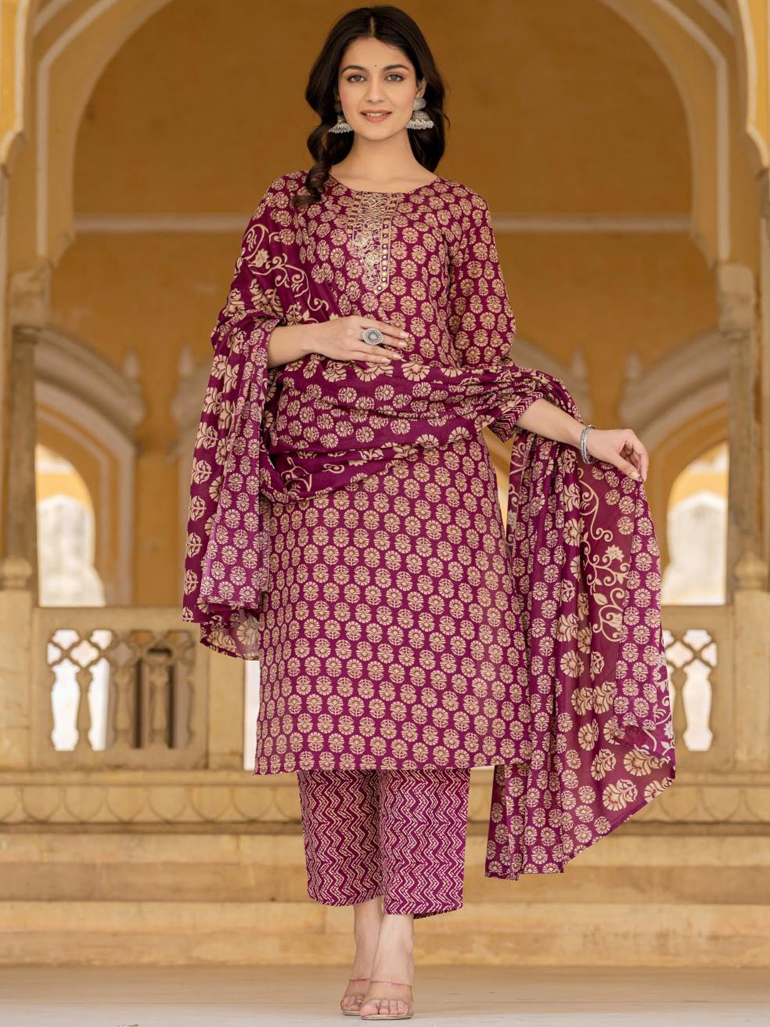 

Varanga Floral Printed Regular Mirror Work Kurta with Trousers & With Dupatta, Purple