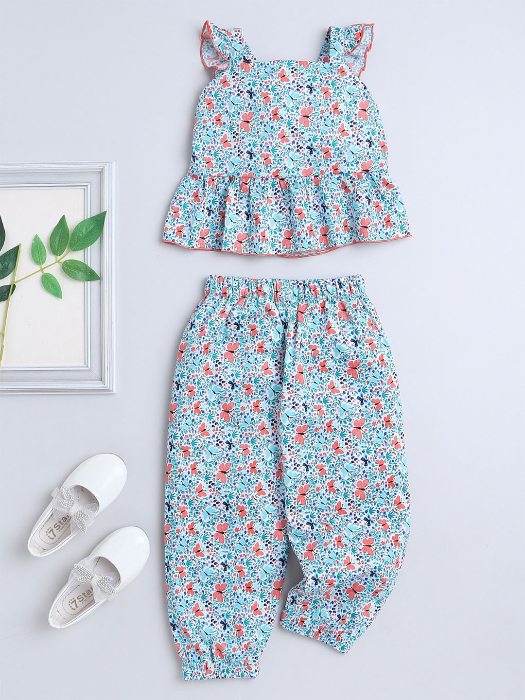 

The Magic Wand Girls Printed Pure Cotton Top with Trousers, Blue