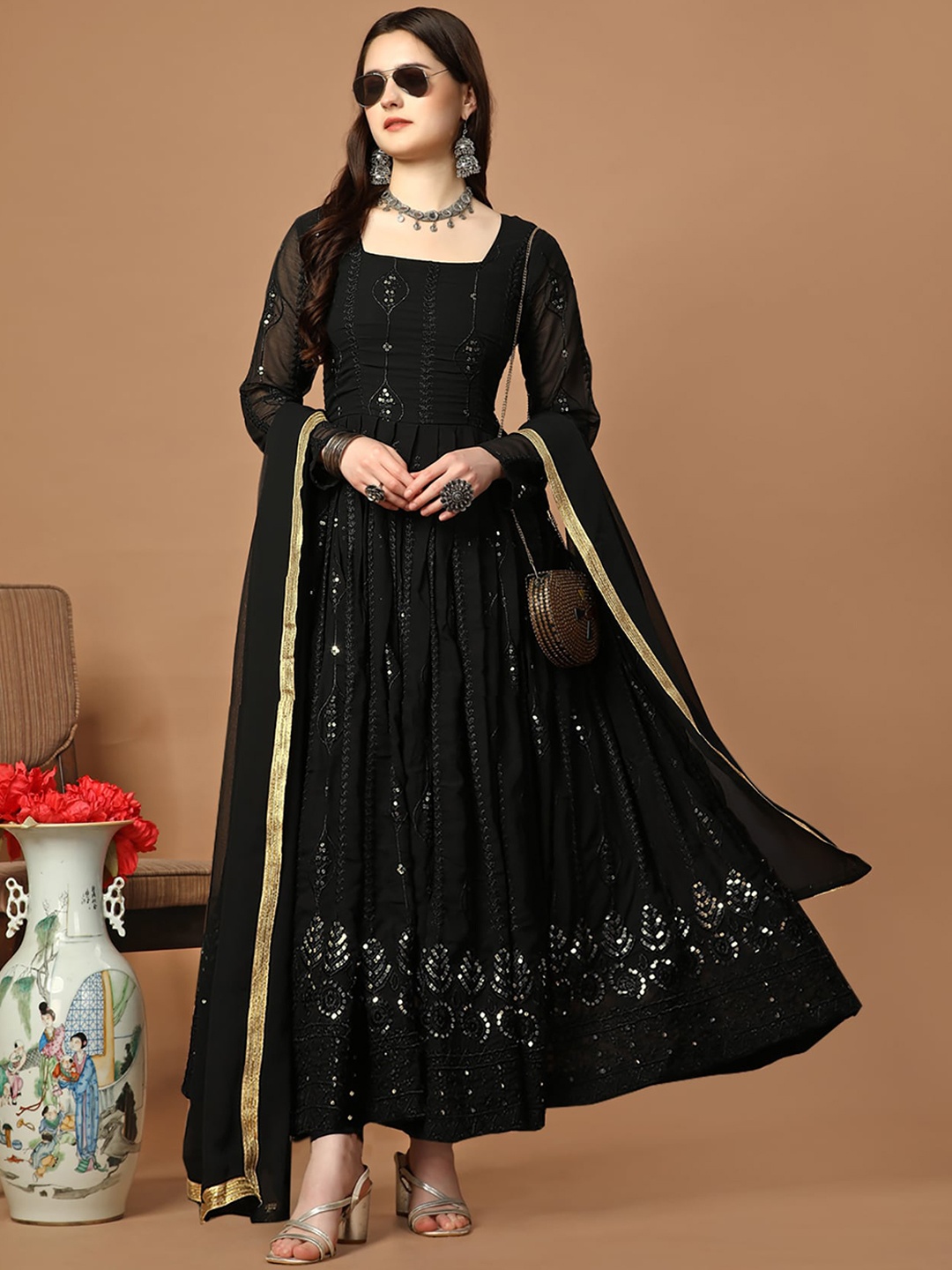 Kedar Fab Ethnic Motifs Printed Anarkali Kurta, Black